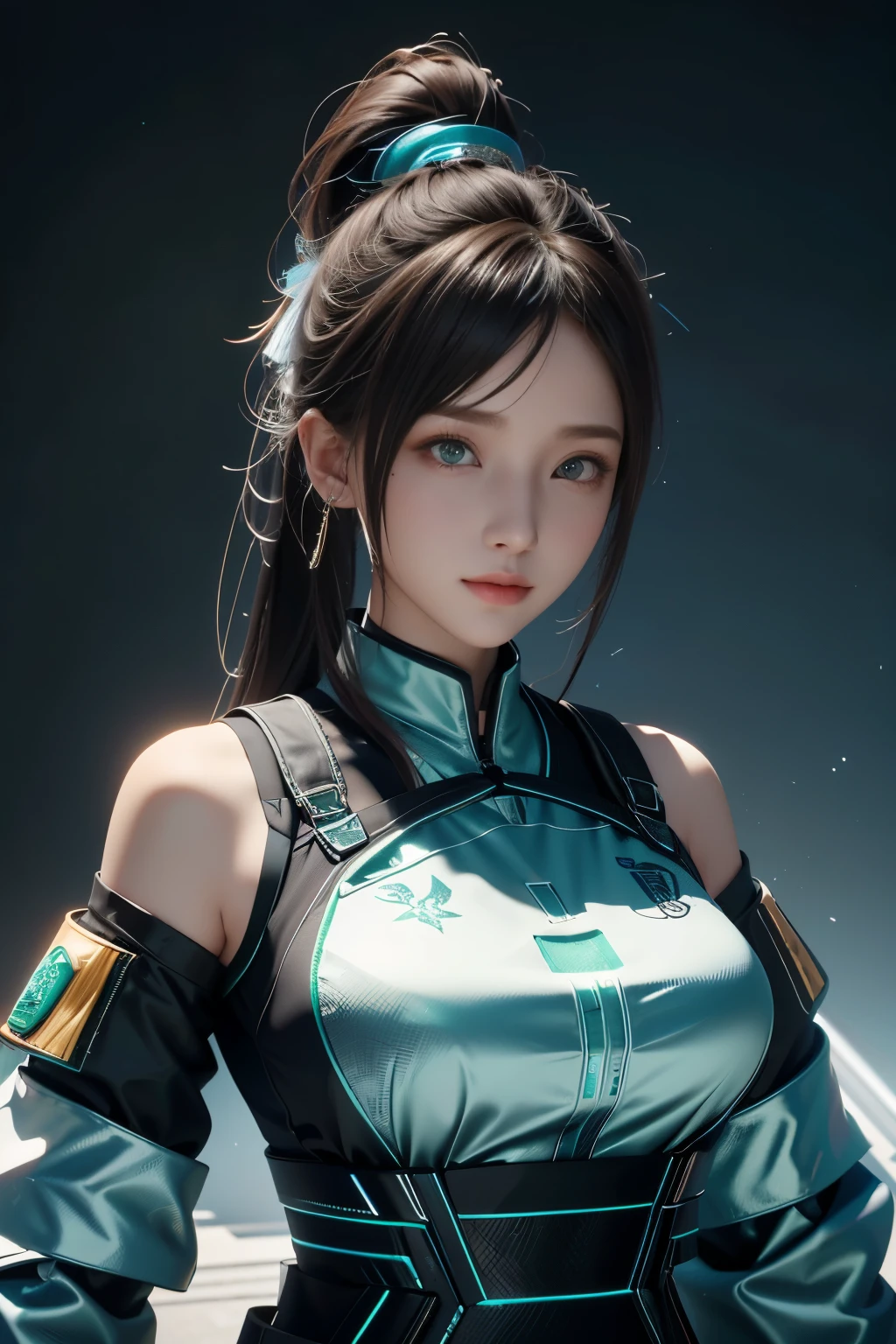 Game art，The best picture quality，Highest resolution，8K，((A bust photograph))，((Portrait))，(Rule of thirds)，Unreal Engine 5 rendering works， (The Girl of the Future)，(Female Warrior)，22岁少女，(A long red-green gradient ponytail hairstyle)，(A beautiful eye full of detail)，(Big breasts)，优雅迷人，微笑，(皱眉)，(Clothes full of futuristic sci-fi style，Sweater，A delicate pattern，Glittering jewels)，赛博朋克人物，未来风格， 拍照姿势，街道背景，Movie lights，Ray tracing，Game CG，((3D Unreal Engine))，oc渲染反射纹