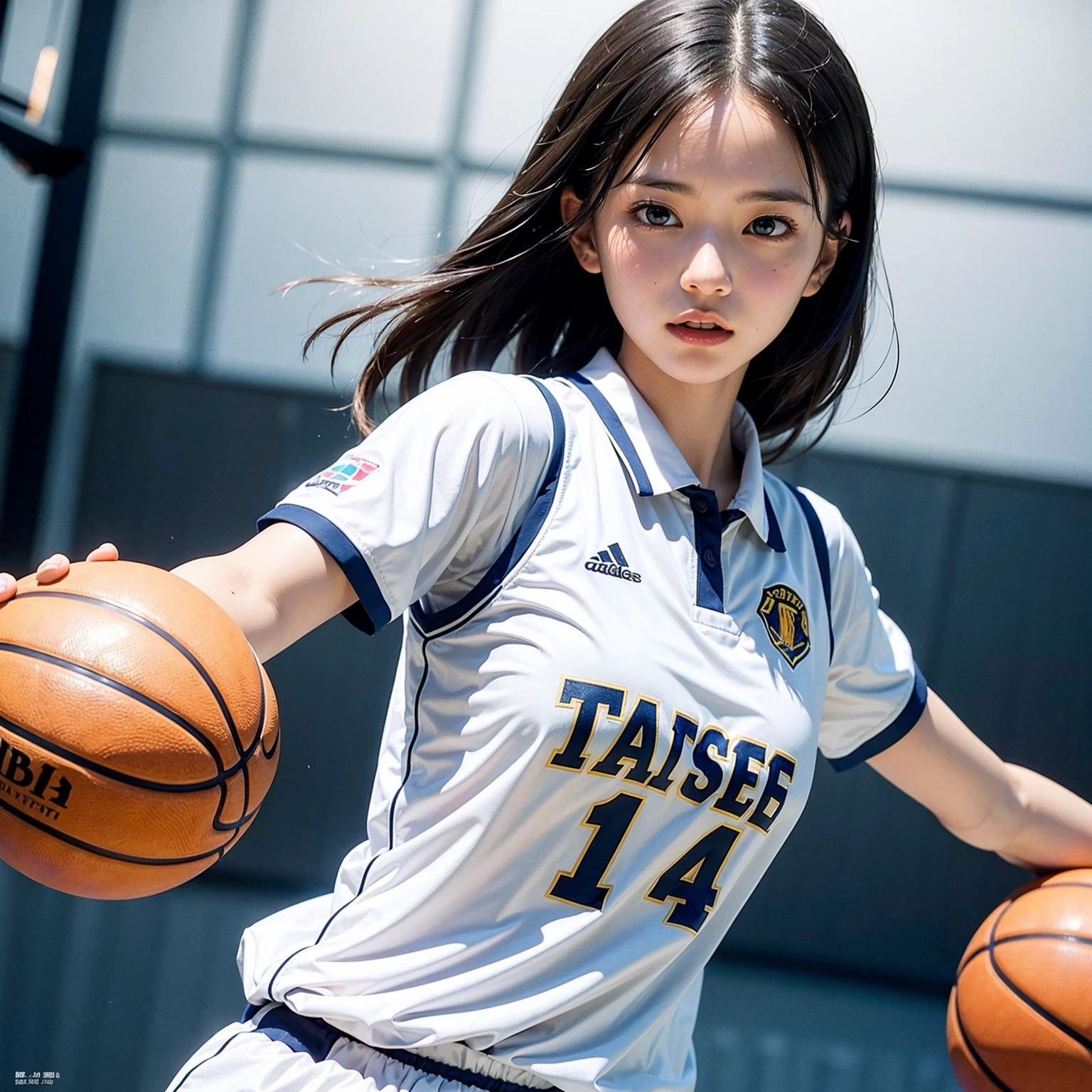 (masutepiece, Best Quality:1.2), 8K, Official art, Raw photo,Angle from directly below、Taken from directly below、dribbling、Basketball Uniforms、Clothes are bukabuka、Full Bord Bill Four、cute butt、Cute s、、skinny、14years、unbelievable Ridiculous, (Upper body, Basketball Uniforms:1.4), Beautiful Girl, Pretty Face, arching back down,、Black Hair Bob、Natural dribbling、Short sleeve, violaceaess, Teen, Lookit Viewer, Film grain, chromatic abberation, Sharp Focus, face lights, Dynamic lighting, Cinematic lighting, Eyes and faces with detailed, Bokeh background,
