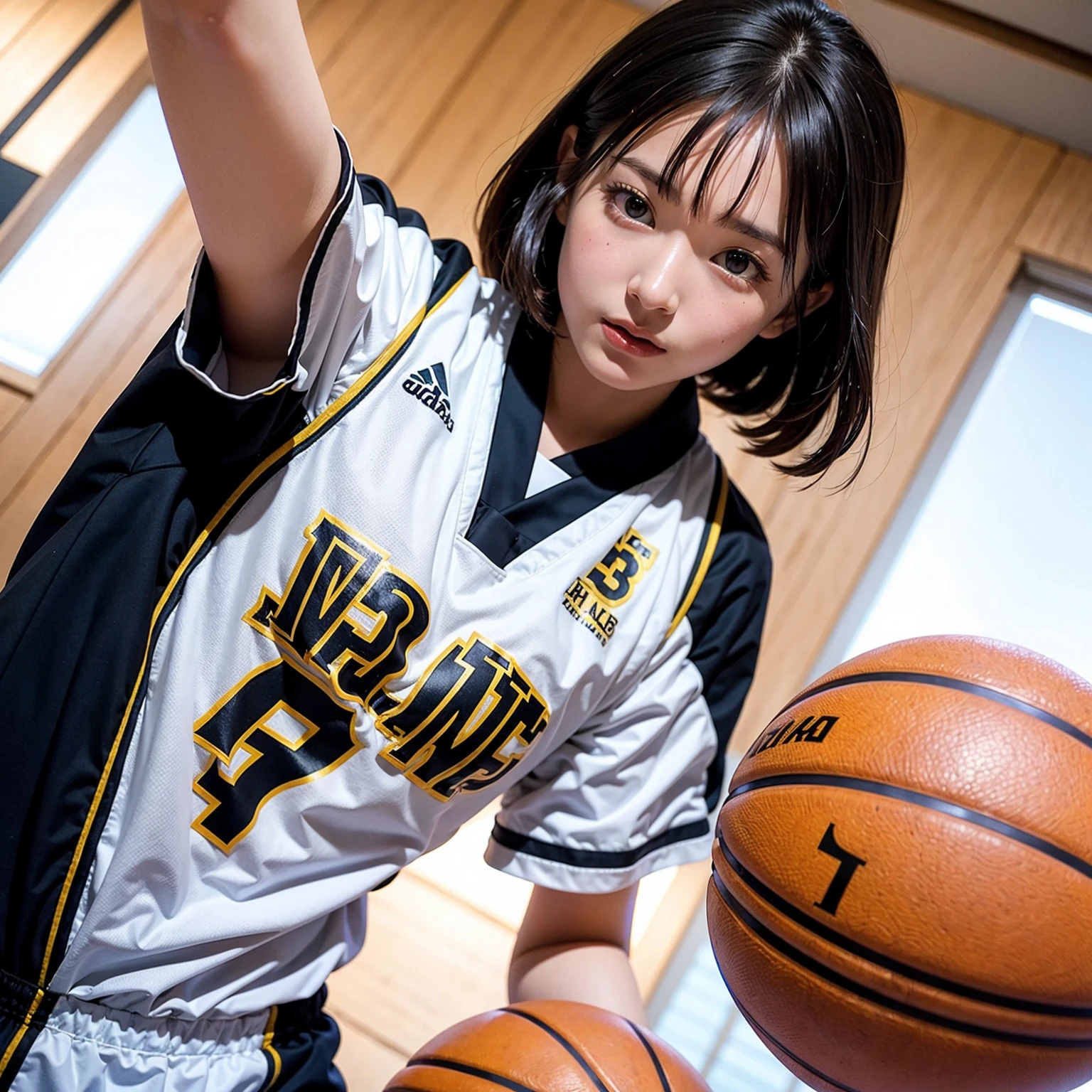 (masutepiece, Best Quality:1.2), 8K, Official art, Raw photo,Angle from directly below、Taken from directly below、dribbling、Basketball Uniforms、Clothes are bukabuka、Full Bord Bill Four、cute butt、Cute little girl s、、skinny、14years、unbelievable Ridiculous, (Upper body, Basketball Uniforms:1.4), Beautiful Girl, Pretty Face, arching back down,、Black Hair Bob、Natural dribbling、Short sleeve, violaceaess, Teen, Looking at Viewer, Film grain, chromatic abberation, Sharp Focus, face lights, Dynamic lighting, Cinematic lighting, Eyes and faces with detailed, Bokeh background,