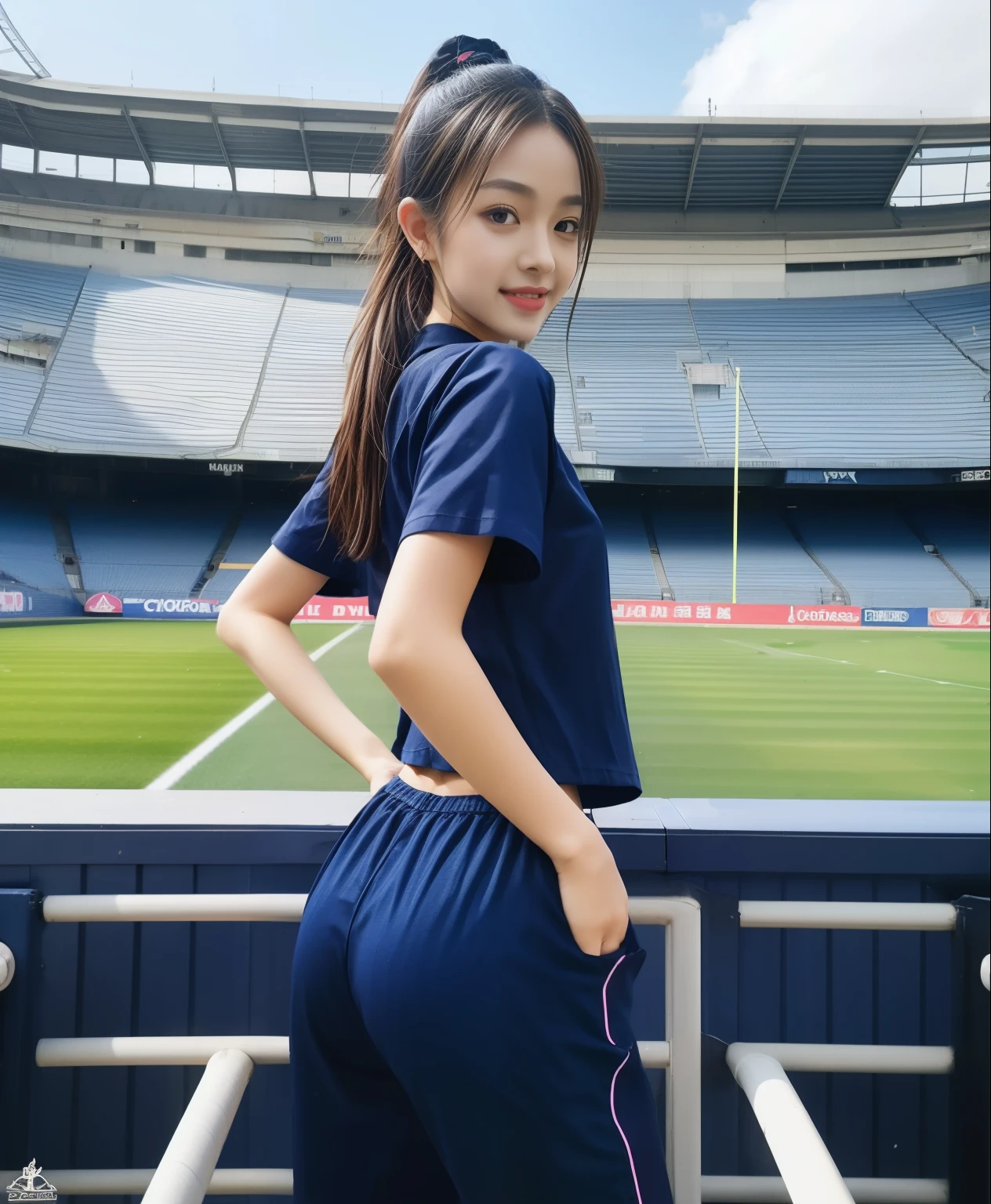 (best quality,10,10,height,Masterpiece:1.2),Very detailed,(realistic,ภาพrealistic,Realistic photos:1.37),1 cute girl on the football field,Shiny, shiny skin,only,smile softly,BDclothelue shirt:1.3)),short sleeve,shirt, กางเกงขาlong.,(navy_long_track pants:1.1), ((stadium background:1.3)),Dynamic angle,excited,Face focus,dynamic poses,from behind,Focus on the ass.,Masterpiece, best quality, ultra realistic, hyper detail, 8k resolution, raw photos, Sharp focus, ((Navy blue shirt:1.1)), short sleeve, เส้นทางlong, perfect body, 2 mature women, 18 years old, Cinema-grade lighting,Blue sweatpants,gym wear,correct anatomy,perfect body, correct body, Sharp face, correct bodyทางกายวิภาค, full body, realistic gestures, long-haired, realistic 