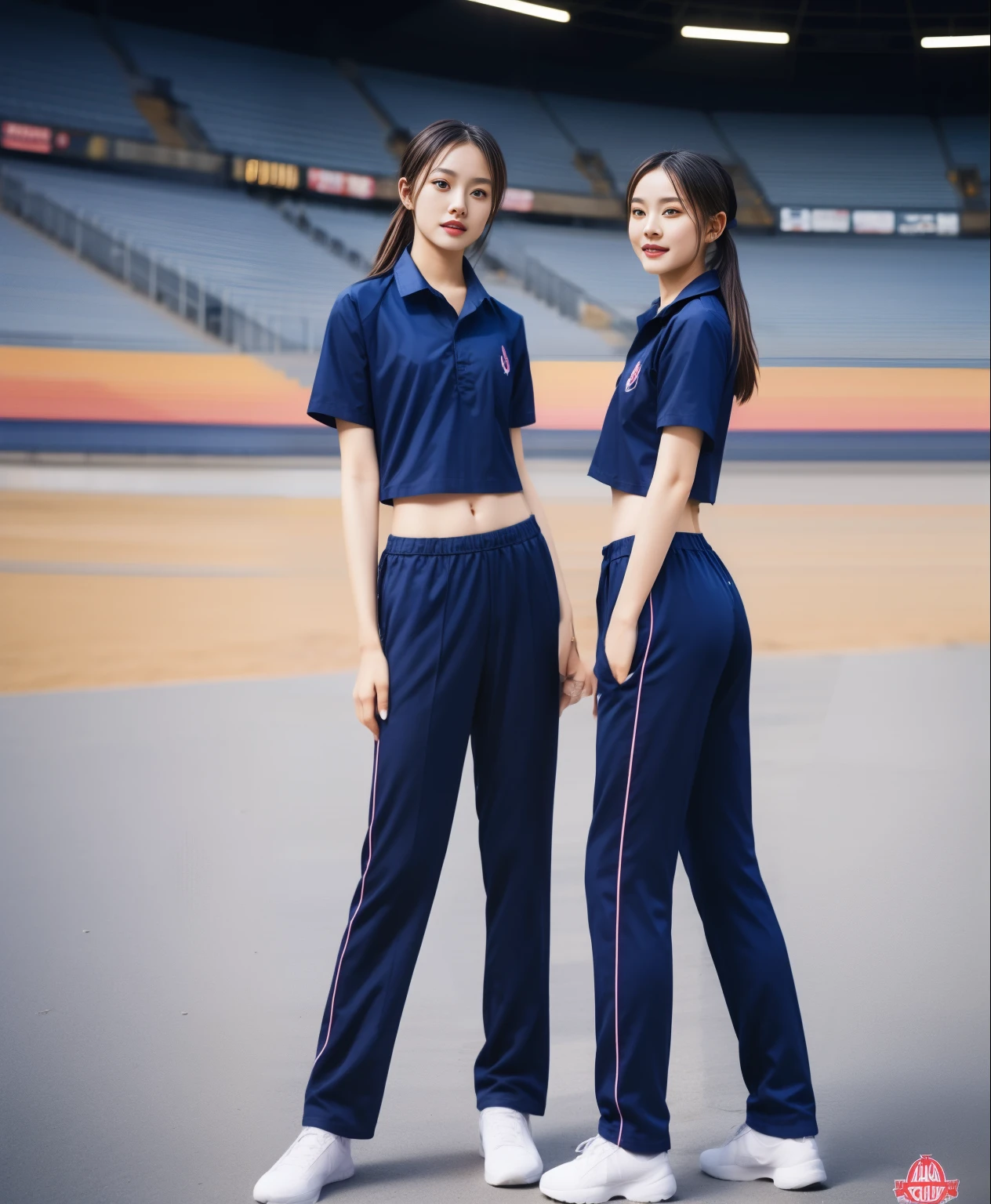 (best quality,10,10,height,Masterpiece:1.2),Very detailed,(realistic,ภาพrealistic,Realistic photos:1.37),1 cute girl on the football field,Shiny, shiny skin,only,smile softly,BDclothelue shirt:1.3)),short sleeve,shirt, กางเกงขาlong.,(navy_long_track pants:1.1), ((stadium background:1.3)),Dynamic angle,excited,Face focus,dynamic poses,from behind,Focus on the ass.,Masterpiece, best quality, ultra realistic, hyper detail, 8k resolution, raw photos, Sharp focus, ((Navy blue shirt:1.1)), short sleeve, เส้นทางlong, perfect body, 2 mature women, 18 years old, Cinema-grade lighting,Blue sweatpants,gym wear,correct anatomy,perfect body, correct body, Sharp face, correct bodyทางกายวิภาค, full body, realistic gestures, long-haired, realistic
