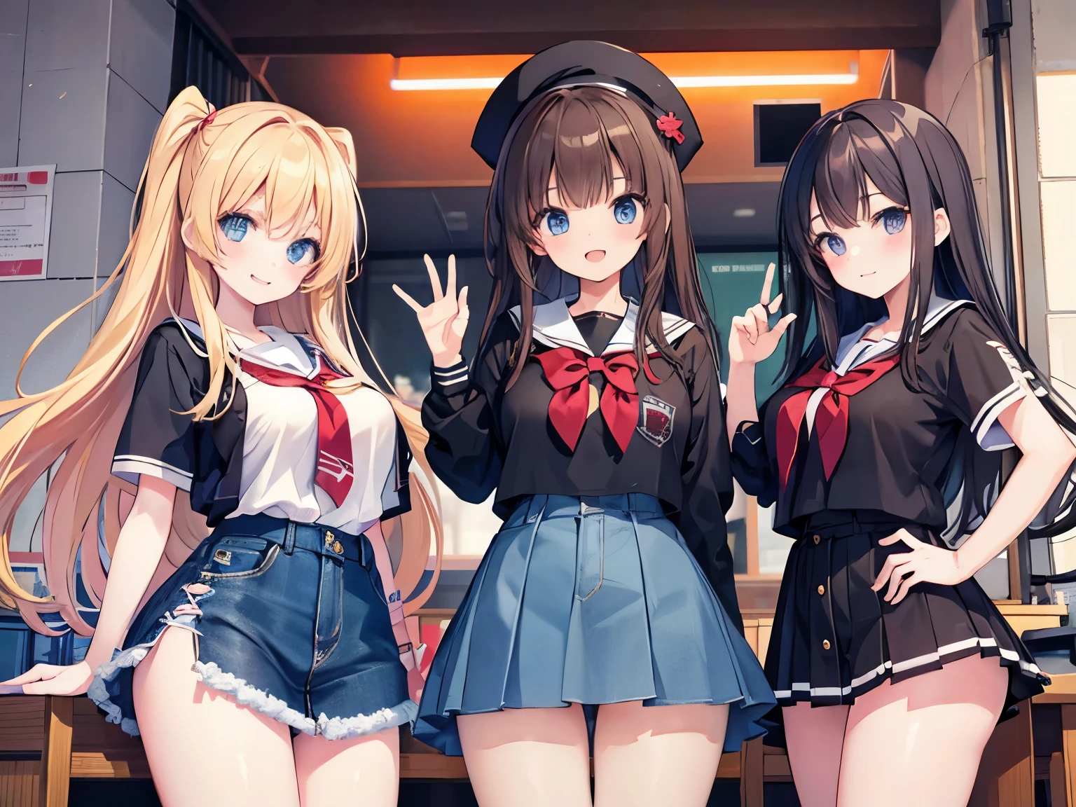 (gal game cover style) high school student、3 unique girls