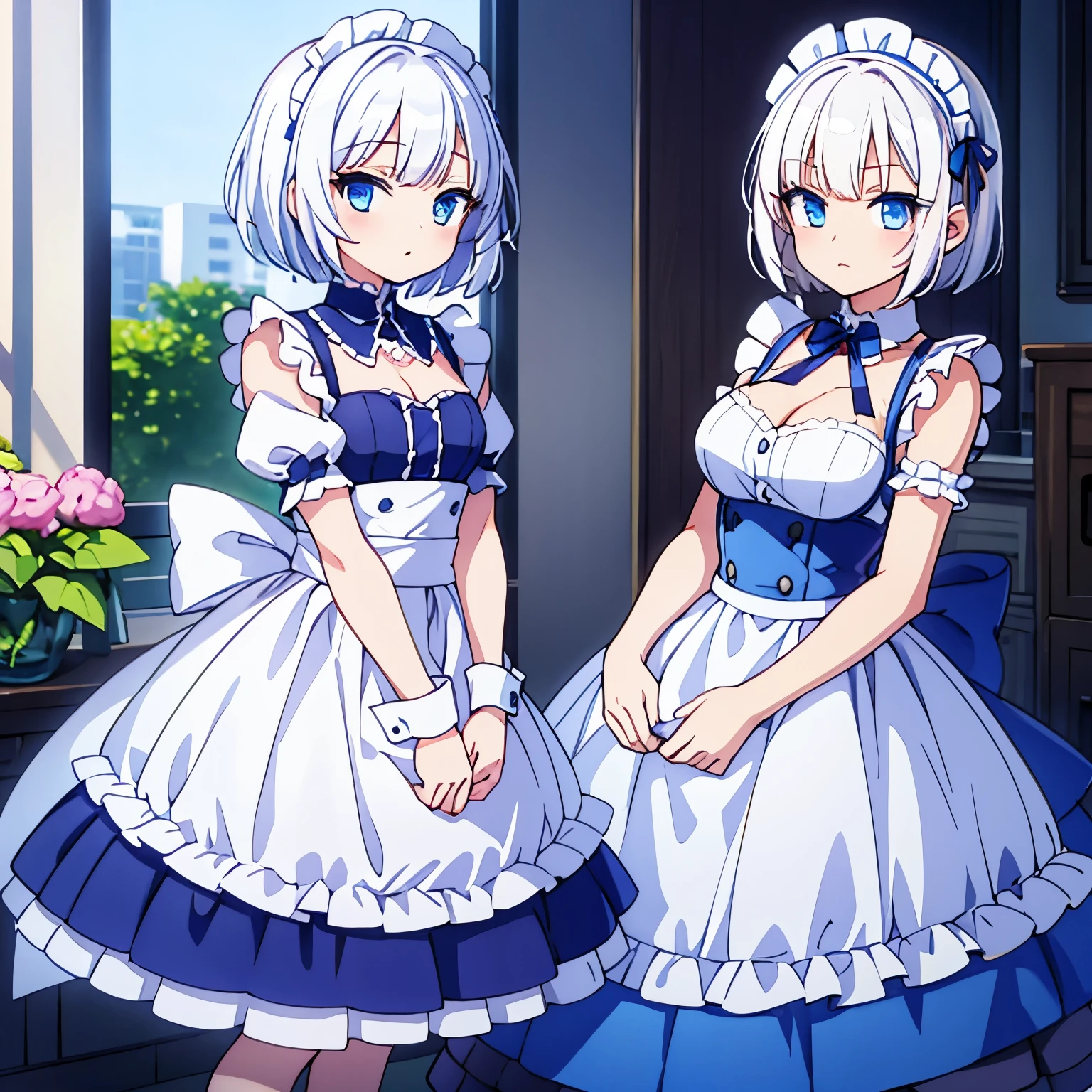 Short hair,white hair,blue eyes,maid dress