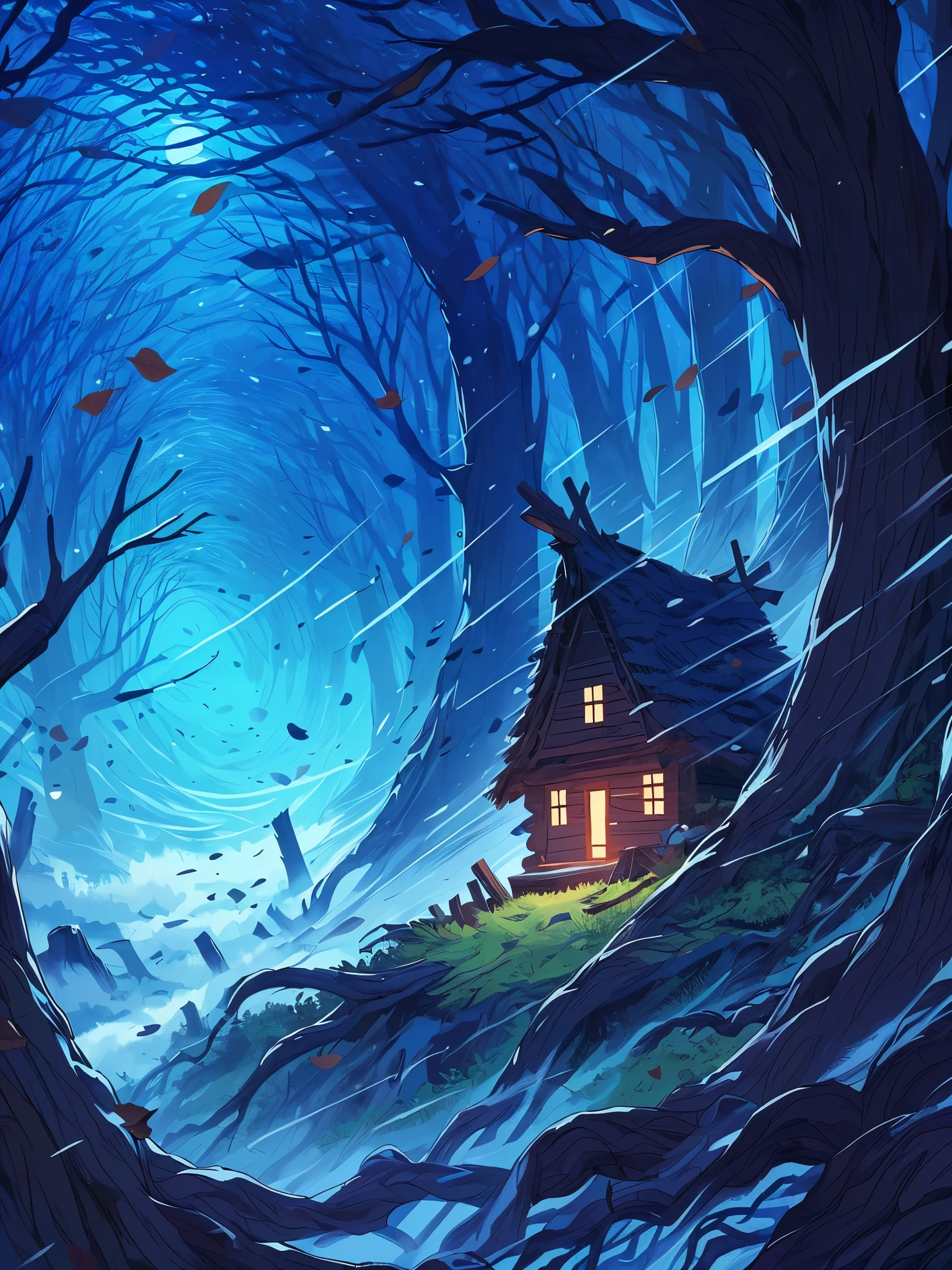 Draw an anime simple art scene of small hut hidden behind huge tree barks, windy, in the forest, dry leaves in tornado, silhouette of forest behind, night, magical, blue cloudy sky, no human, vibrant color tones,