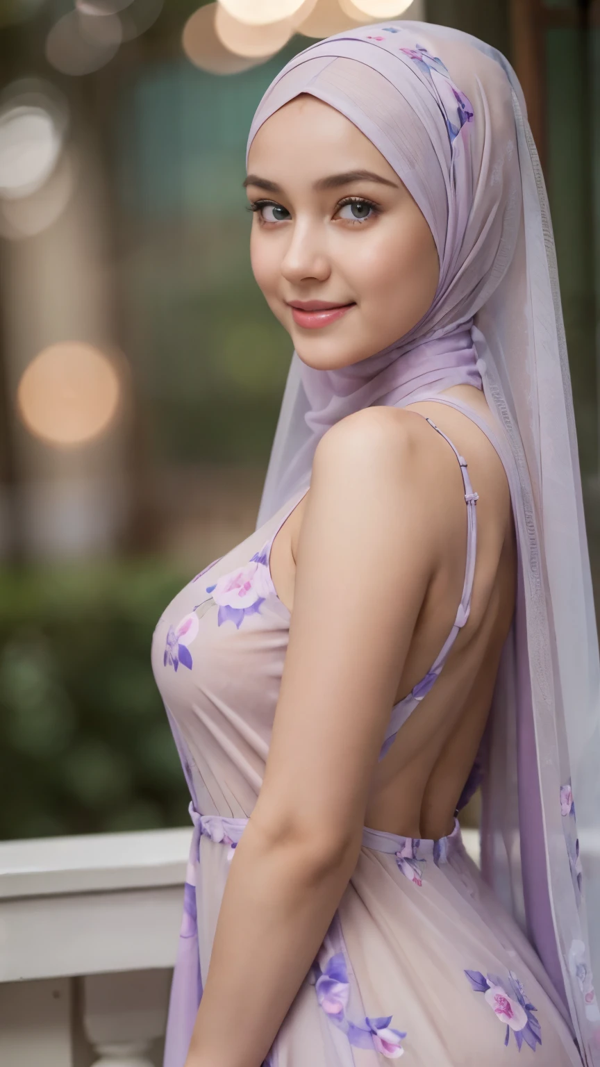 Hyper realistic, Beautiful, cute Face, ************ russian ****ta Girl, (wearing hijab), wearing sexy seethru light purple floral mini house dress, unbuttoned floral house dress, ((lifted dress)), open breast, Rounded small Breast,slightly Chubby , buttock:1.2, White Skin, Smiling, kitchen Background, upper body, Perfect Potrait, Bokeh Effect, Look at Viewer, Perfect Eye, Perfect Hand, Perfect Finger, (small breast), ((adorable:1.2)), ((masterpiece:1.1)), ((bokeh:1.2)), side view, seductive pose