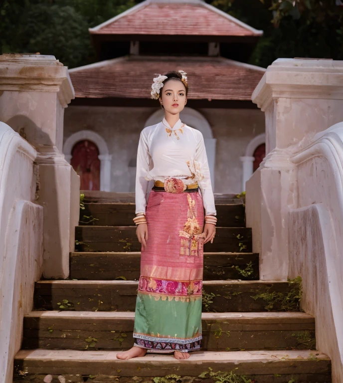 (best quality,4k,8k,highres,masterpiece:1.2),ultra-detailed,(realistic,photorealistic,photo-realistic:1.37),clear lines,light and dark photography,canon photography,crystal clear,detailed eyes and lips,beautiful woman,Tai dress,Shan dress,traditional dress,slim fit dress,Pretty Buttocks, long Hair, Instagram Pattern Pose, standing cute pose, confident, slim girl, big tits:1.2, perfect anatomy, perfect symmetry:1.2, Realistic, realistic face:1.3, perfect face, content, confident, very detailed, and dramatic, cinematic lighting, Lighting scene, soft lights
graceful movement, full body photography, (((masterpiece :1.5))), vibrant colors,exquisite embroidery,detailed patterns,graceful posture,serene expression,natural lighting,rich textures,depth and dimension,warm color tones,gorgeous background scenery,beautiful garden,floral elements,fine brushstrokes,artistic composition,natural poses,photogenic,model-like appearance, full body photography, photorealistic ...