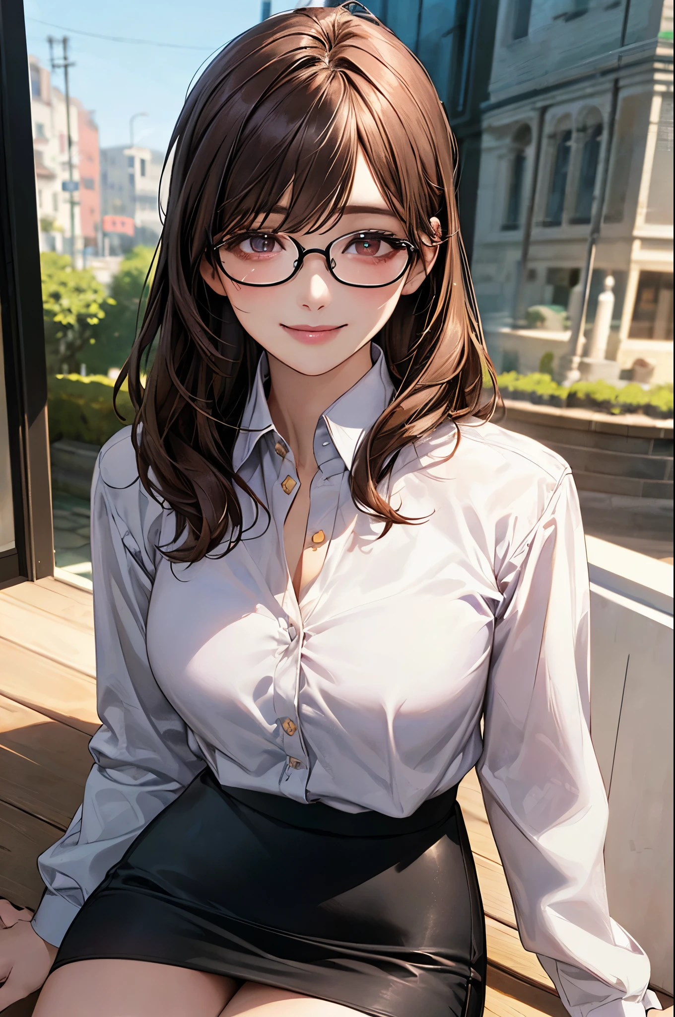 (masterpiece:1.2, top-quality), (realistic, photorealistic:1.4), beautiful illustration, (natural side lighting, movie lighting), 
looking at viewer, cowboy shot, front view:0.6, 1 girl, japanese, high school girl, perfect face, cute and symmetrical face, shiny skin, 
(middle hair:1.8, half updo:1.4, brown hair), asymmetrical bangs, gold eyes, (large breasts:1.1, thick thighs), 
beautiful hair, beautiful face, beautiful detailed eyes, beautiful clavicle, beautiful body, beautiful chest, beautiful thigh, beautiful legs, 
((long sleeves, white collared shirt, black pencil skirt), id card, strap, black high heels), black-rimmed glasses, pink panties, 
(beautiful scenery), evening, inseide coffee shop, sitting chair, crossed legs, (lovely smile, upper eyes), 