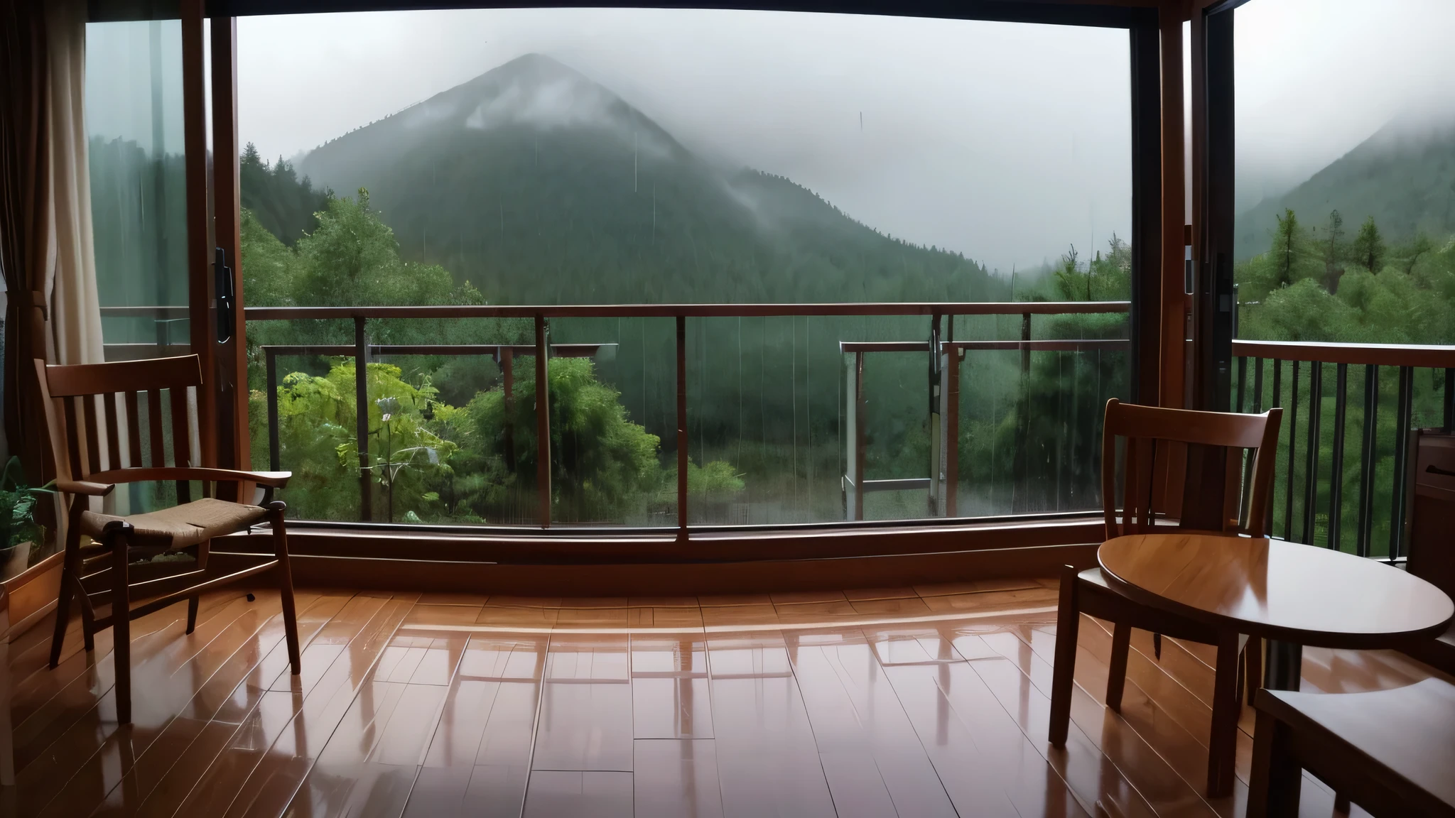 Have a mountain view room and a chair, inside on a rainy day, rainy afternoon, it's raining outside, rainy environment, relaxing environment, Nice environment, it'It's raining outside in the forest