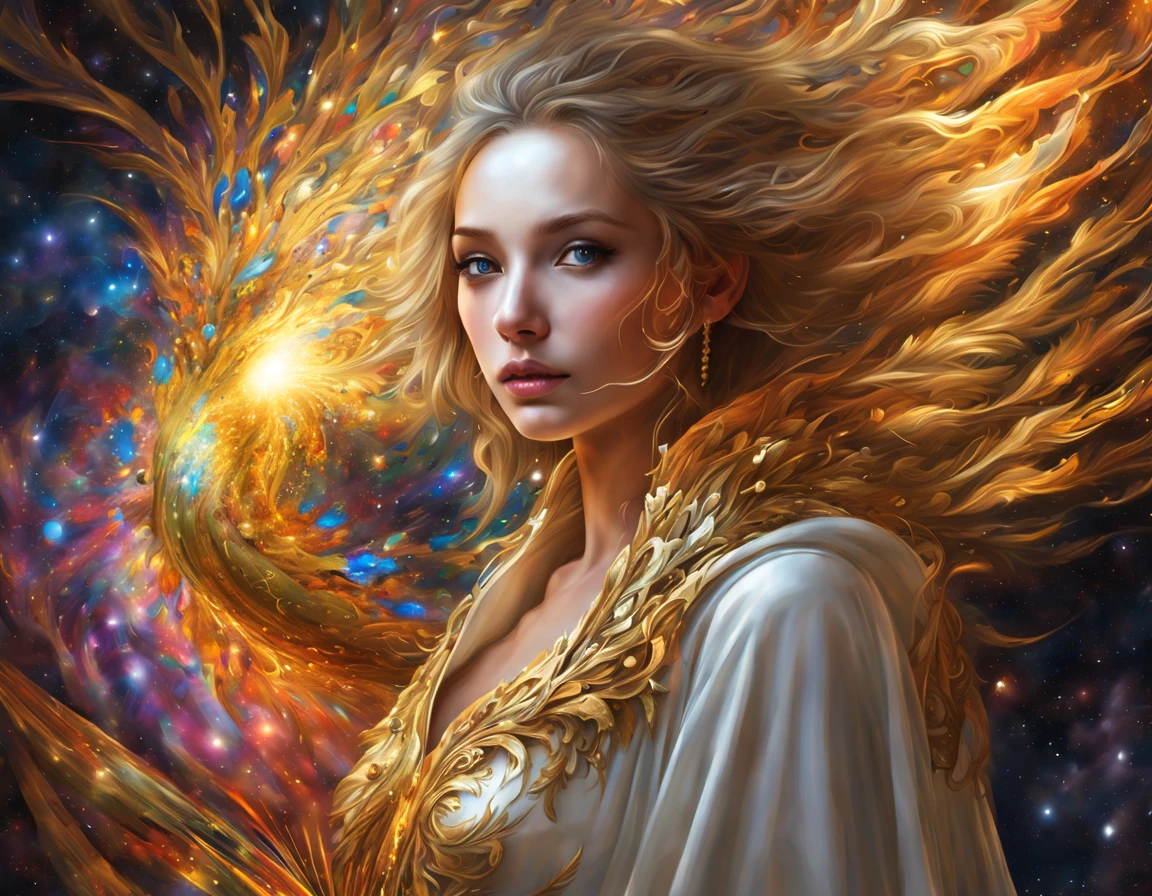 (masterpiece, highest quality, highest quality, official art, beautiful and aesthetic:1.2), (1 girl), highly detailed eyes, (fractal art:1.3), colorful, most detailed, (perfect face), shiny skin, HDR, (White cloak golden lines:1.2), Milky Way, (light streaks), striking visuals, (dynamic streaks, Path of Light:1.2), Bright colors, (firebird), (dragon)