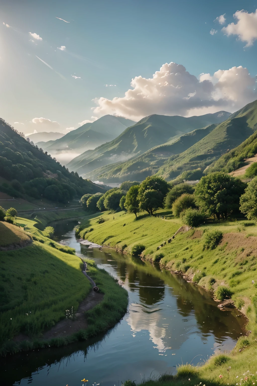 Distance的群山在蓝天的映衬下苍翠欲滴，The peak  caressed by distant clouds and mist，Outline a dreamlike wonderland。The sun rises quietly，The orange-red sunshine illuminates the mountains, rivers and land，A peaceful and harmonious atmosphere permeates the entire picture。

In the foreground of the picture，A wide river flows leisurely，The surface of the water  like a mirror，Reflecting the blue of the sky and the green of the mountains。The green trees on the shore cast mottled shadowreeze blows，The leaves sway gently，It seems to be whispering the secrets of nature。

On the grass in the center of the painting，Colorful wildflowers vie for beauty，It seems to add a touch of vibrant color to this land。A group of birds dance in the air，Their shadows dance on the green grass，constitutes a natural symphony。

Distance，A small village built on the mountain，The red tiles and white walls look particularly peaceful in the morning light。In the fields beside the village，farmers work hard，Farming scenes reflect the hope of a good harvest。

The whole picture  full of vitality，Every detail has been meticulously crafted，It’s as if people can walk into the painting，feel the fresh air、Smell the flowerperience the beauty and tranquility of nature。This  an intoxicating picture、Immersive landscape painting，Showing the magnificence of nature and the vitality of life。