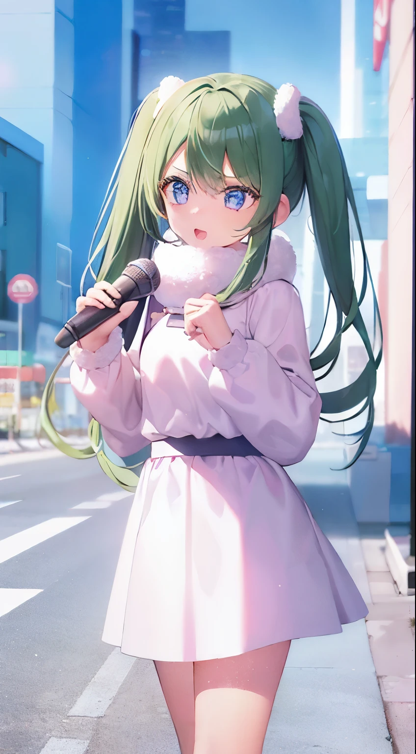 (daytime:1.5) ,(8  girl singing:1.2),White fluffy long sleeve winter clothes,mini skirt,green hair anime girl,(twin tails:1.1),Streets of Akihabara,small breasts