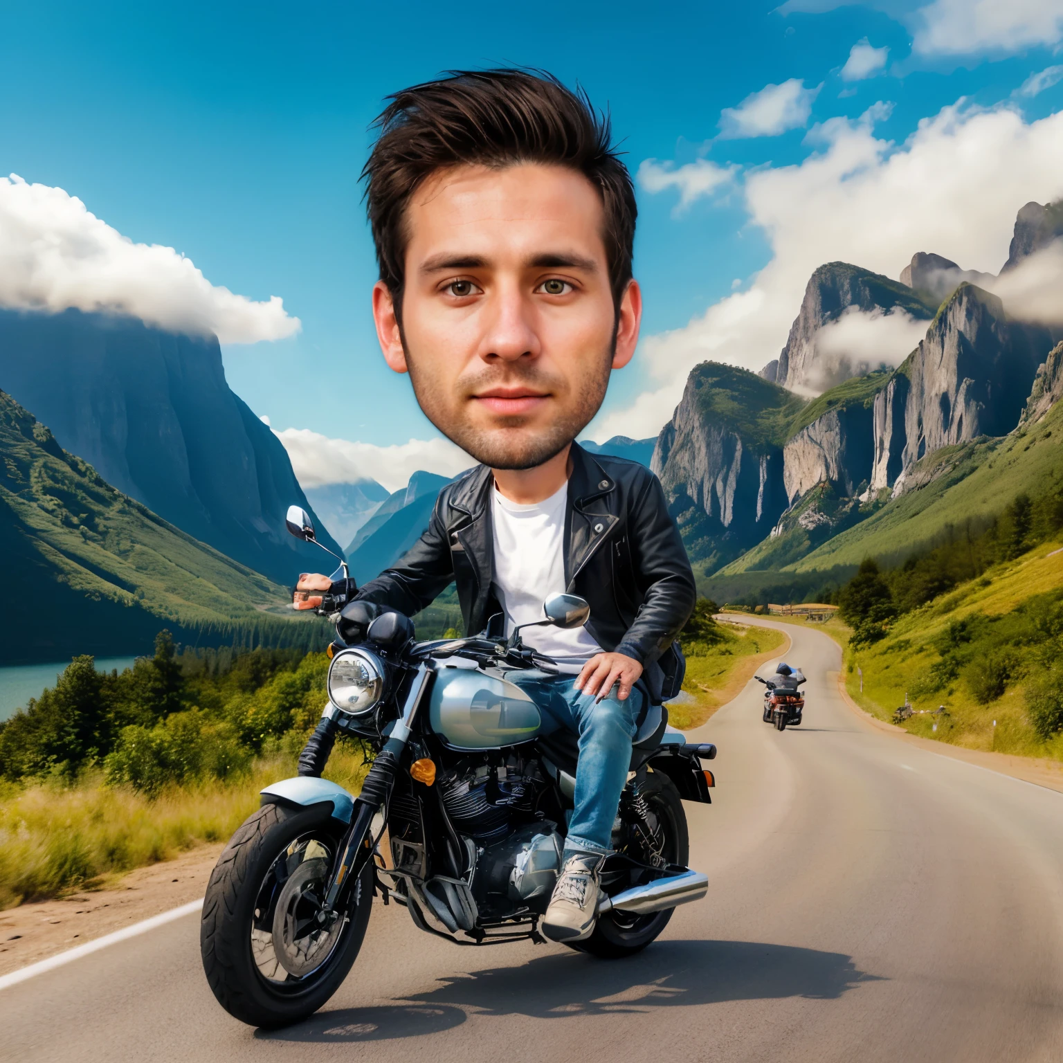30 year old man riding a motorbike on the highway with beautiful views, ultra realistic, hd, 8k