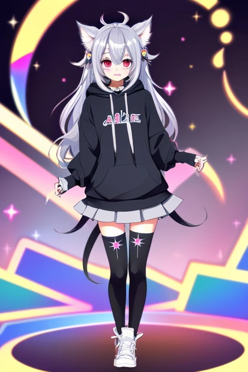 ((Live 2D)) Character design A girl with long silver hair Black eyes Full body Standing straight Front view Looking at the viewer Detailed face Silver hair Sweater Multicolored hair Cat-like tail Collar Cat-like ears Curled hair Ahoge Fluffy hair, energetic, hoodie, lots of decorations