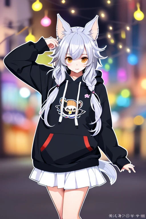 ((Live 2D)) Character design A girl with long silver hair Black eyes Full body Standing straight Front view Looking at the viewer Detailed face Silver hair Sweater Multicolored hair Cat-like tail Collar Cat-like ears Curled hair Ahoge Fluffy hair, energetic, hoodie, lots of decorations