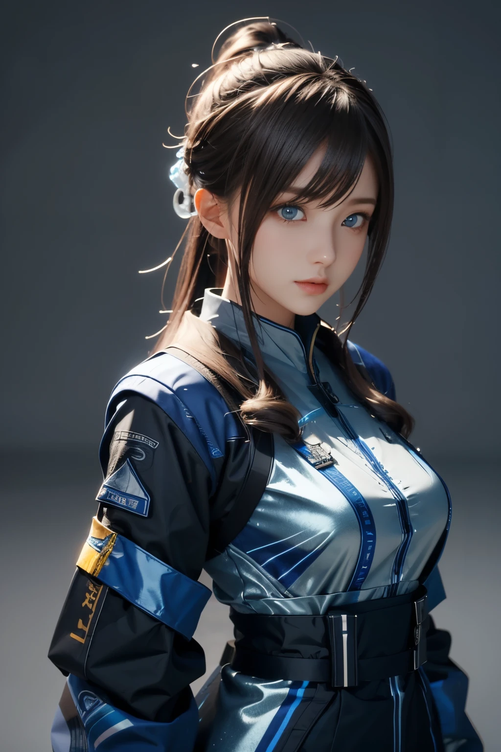 Game art，The best picture quality，Highest resolution，8K，((A bust photograph))，((Portrait))，(Rule of thirds)，Unreal Engine 5 rendering works， (The Girl of the Future)，(Female Warrior)，22岁少女，(A long ponytail hairstyle with shades of red and blue)，(A beautiful eye full of detail)，(Big breasts)，优雅迷人，微笑，(皱眉)，(Clothes full of futuristic sci-fi style，Sweater，A delicate pattern，Glittering jewels)，赛博朋克人物，未来风格， 拍照姿势，街道背景，Movie lights，Ray tracing，Game CG，((3D Unreal Engine))，oc渲染反射纹