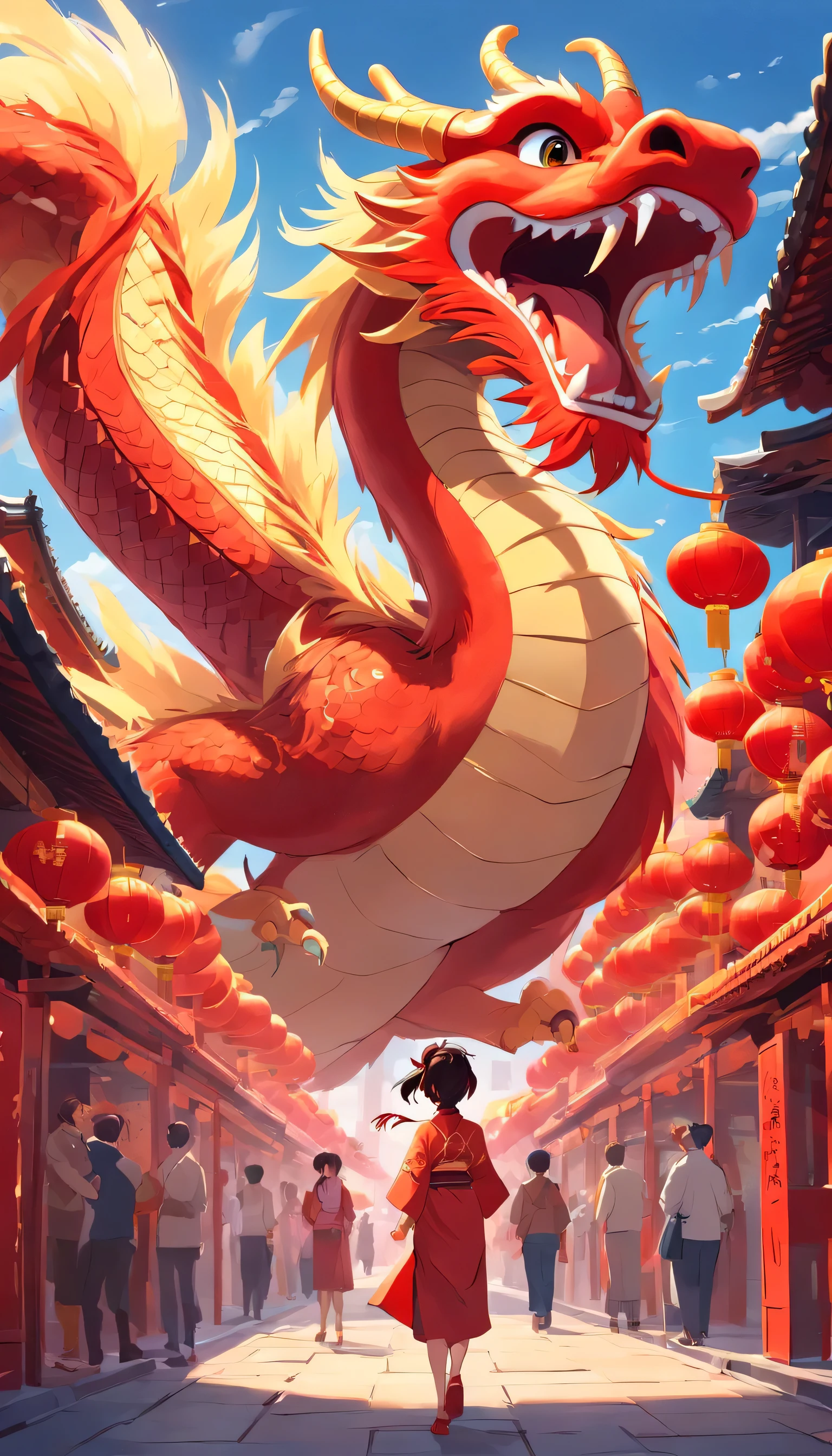 chinese style elements,Oriental dragon image, Dragon's Blessing,The dragon is praying,Soaring Sky, There are colorful lights everywhere, They were delighted, (High Contrast), (Fantasy World Era), people々is having fun shopping, The atmosphere of the Spring Festival, (Ray Tracing, Global Illumination), (masterpiece:1.4), (Vibrant:1.2), Cinematic, Complex,Rich in details, (Ultra Detailed CG Unity 8k Wallpaper)