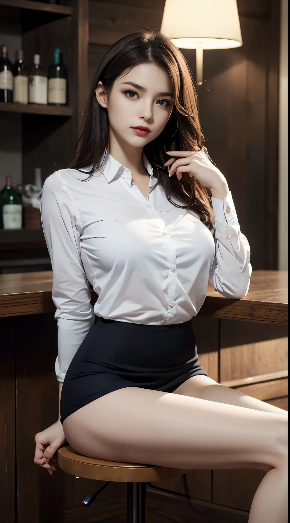 (1 lady), beautiful, (best quality:1.4), (Super detailed), (Extremely detailed CG unified 8k wallpaper), very detailed, HD RAW color photos, Professional photography, amazing face and eyes, cosmetic, (amazingly beautiful girl), ((business suit)), ((Minkitz)), (Open-chested business shirt:1.2), sitting, (spread your legs), (Crotch empty), clothes open，（Spread the shirt wide：1.2），，The skirt  lifted up to expose the buttocks，high waist thigh，show your legs，posture，(Dark and stylish bar, drinks, Lamp light, Lamp light饰:1.3), (looking from bottom to top)
