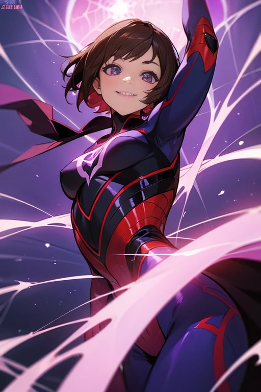 Young girl, short brown hair, purple eyes, Spider-Man 2099 shape, smile, cobweb, lightning, masterpiece, high quality