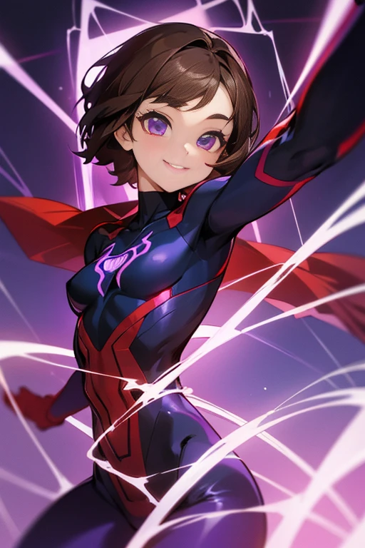 Young girl, short brown hair, purple eyes, Spider-Man 2099 shape, smile, cobweb, lightning, masterpiece, high quality