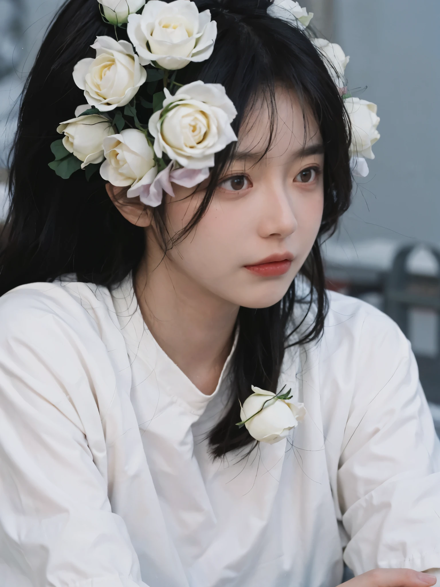best quality， ultra high resolution， White background，（realistically：1.4）， 2 girls， White short sleeves，twin? rain of roses，A pair of eyes as clear as snow,Royal sister，looking at the audience， close up ，