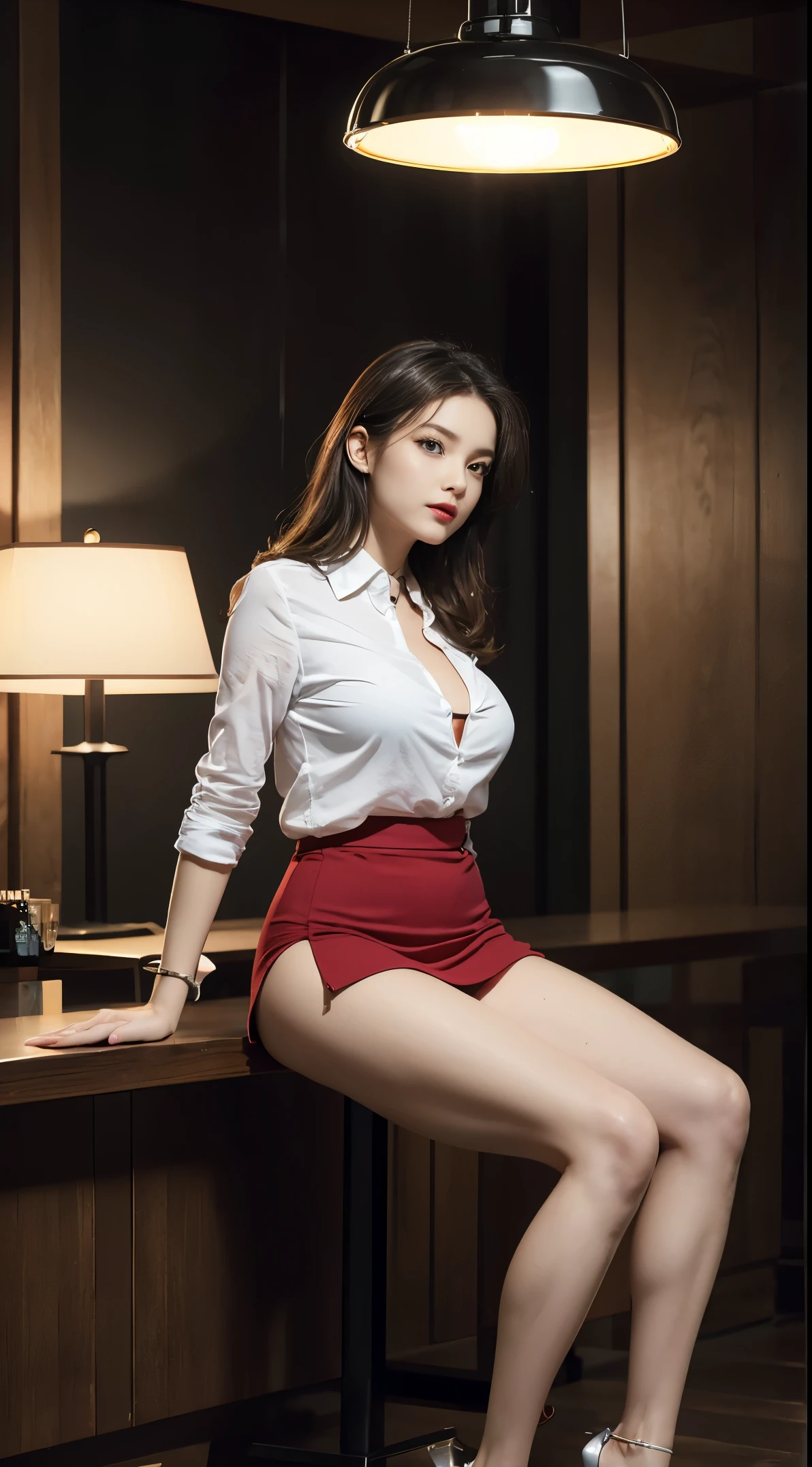 (1 lady), beautiful, (best quality:1.4), (Super detailed), (Extremely detailed CG unified 8k wallpaper), very detailed, HD RAW color photos, Professional photography, amazing face and eyes, cosmetic, (amazingly beautiful girl), ((business suit)), ((Minkitz)), (Open-chested business shirt:1.2), sitting, (spread your legs), (Crotch empty), clothes open，（Spread the shirt wide：1.2），，The skirt  lifted up to expose the buttocks，high waist thigh，show your legs，posture，(Dark and stylish bar, drinks, Lamp light, Lamp light饰:1.3), (looking from bottom to top)