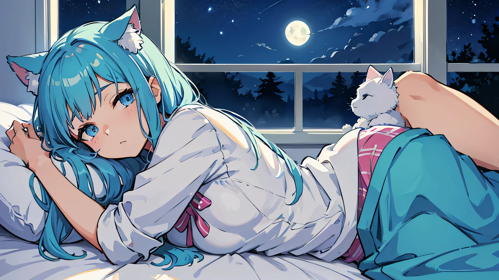 Create digital artwork in anime style, Caucasian woman in a small blue room, I'm wearing pajamas, movie color scheme, surrounded by dogs, vivid brush strokes, Emotions must be dynamic, Upper body, drawing, figure, blue eyes, sleeping in bed, with cat ears, next to window, Moonlight