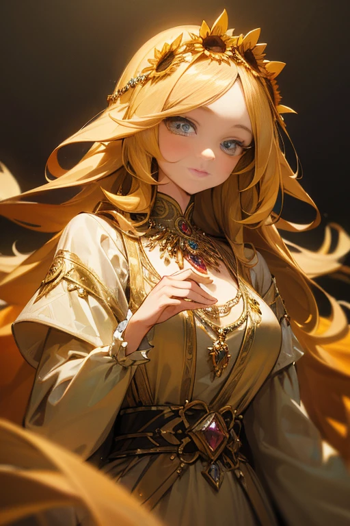 ( Absurdly , High quality , ultra detailed ) ,( hand detailed ) , 1girl, solo, mature, very long hair, sunflower hair , beautiful crystal eyes ( eye detailed ) Baroque, Necklace, long dress, long sleeve, elegant, colorful, highest detailed, upper body , with the river and sunflowers