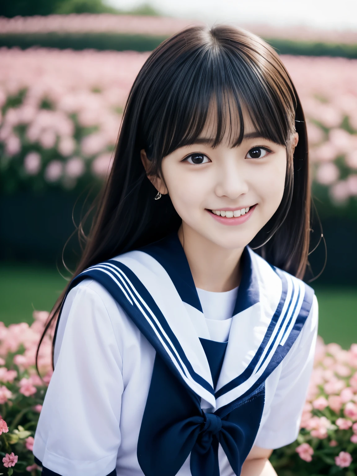 Close-up of woman&#39;s face、portrait photography, japanese model, 18 year old female model,  4K、bangs、black haired、beaver、middle hair、straight hair、(white shirt, sailor suit, dark blue pleated skirt:1.2),　(Super cute face with idol style:1.4)、perfect beautiful face、attractive look、laughter、The background is a beautiful pink peach flower field,