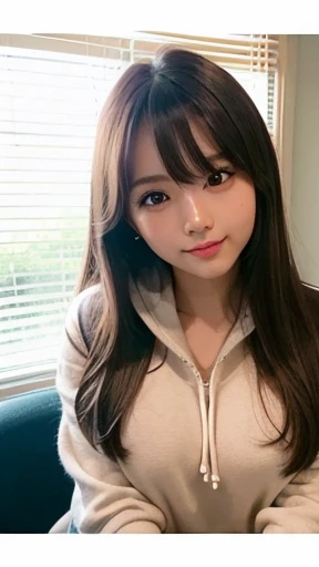 Raw photo、(((ultimate beauty portrait)))、1 girl、Japanese 17 year old beautiful girl、big smile、((brown hair))、((Big eyes that shine like jewels))、my room、Glossy and glossy skin、(medium long hair)、(Sitting in a gaming chair)、eyeliner、beautiful bangs、hair between eyes、((masterpiece、最high quality、super detailed、intricate details、High resolution、very detailed))、detailed background、8KUHD、soft light、high quality、shallow depth of field、natural soft light、(Photographed from the front in a natural posture:1.5)、hanging eye makeup、(((small tits)))、(((Bust A cup)))、(((Clothes)))、a live streamer、T-shirt with thick horizontal stripes、live streaming now、She produces her own webcast now、Screen displayed on mobile phone、late night、relaxed hoodie