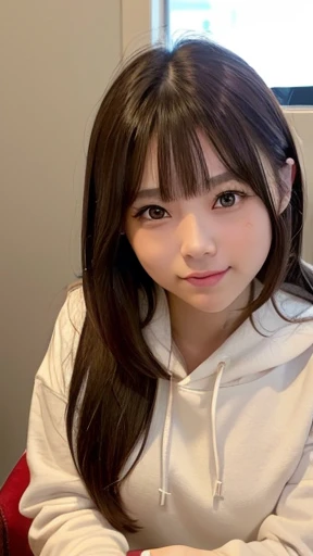Raw photo、(((ultimate beauty portrait)))、1 girl、Japanese 17 year old beautiful girl、big smile、((brown hair))、((Big eyes that shine like jewels))、my room、Glossy and glossy skin、(medium long hair)、(Sitting in a gaming chair)、eyeliner、beautiful bangs、hair between eyes、((masterpiece、最high quality、super detailed、intricate details、High resolution、very detailed))、detailed background、8KUHD、soft light、high quality、shallow depth of field、natural soft light、(Photographed from the front in a natural posture:1.5)、hanging eye makeup、(((small tits)))、(((Bust A cup)))、(((Clothes)))、a live streamer、T-shirt with thick horizontal stripes、live streaming now、She produces her own webcast now、Screen displayed on mobile phone、late night、relaxed hoodie