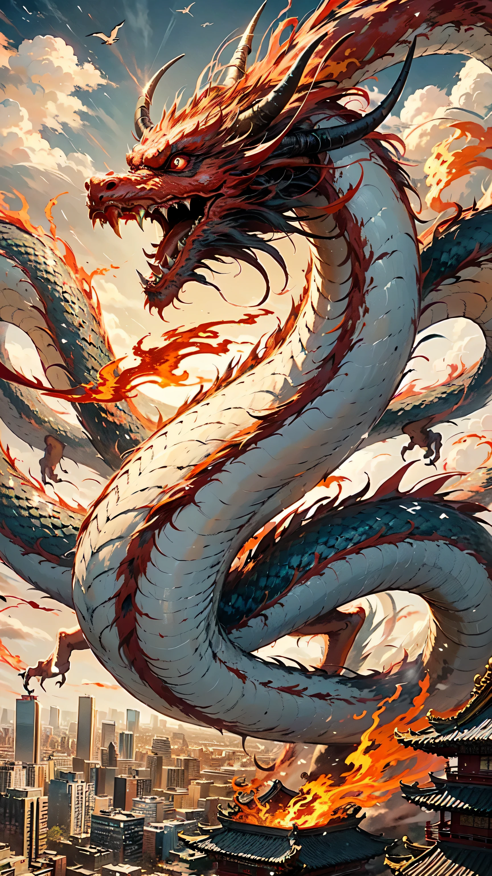 best quality,masterpiece,ultra high resolution,nu no humans, (long:1.2),no humans, Red, cloud, modern city, architecture, east asian architecture, red eyes, trumpet, open mouth, Sky, fangs, Oriental Dragon, cloudy Sky, teeth, flight, fire, bird, wing