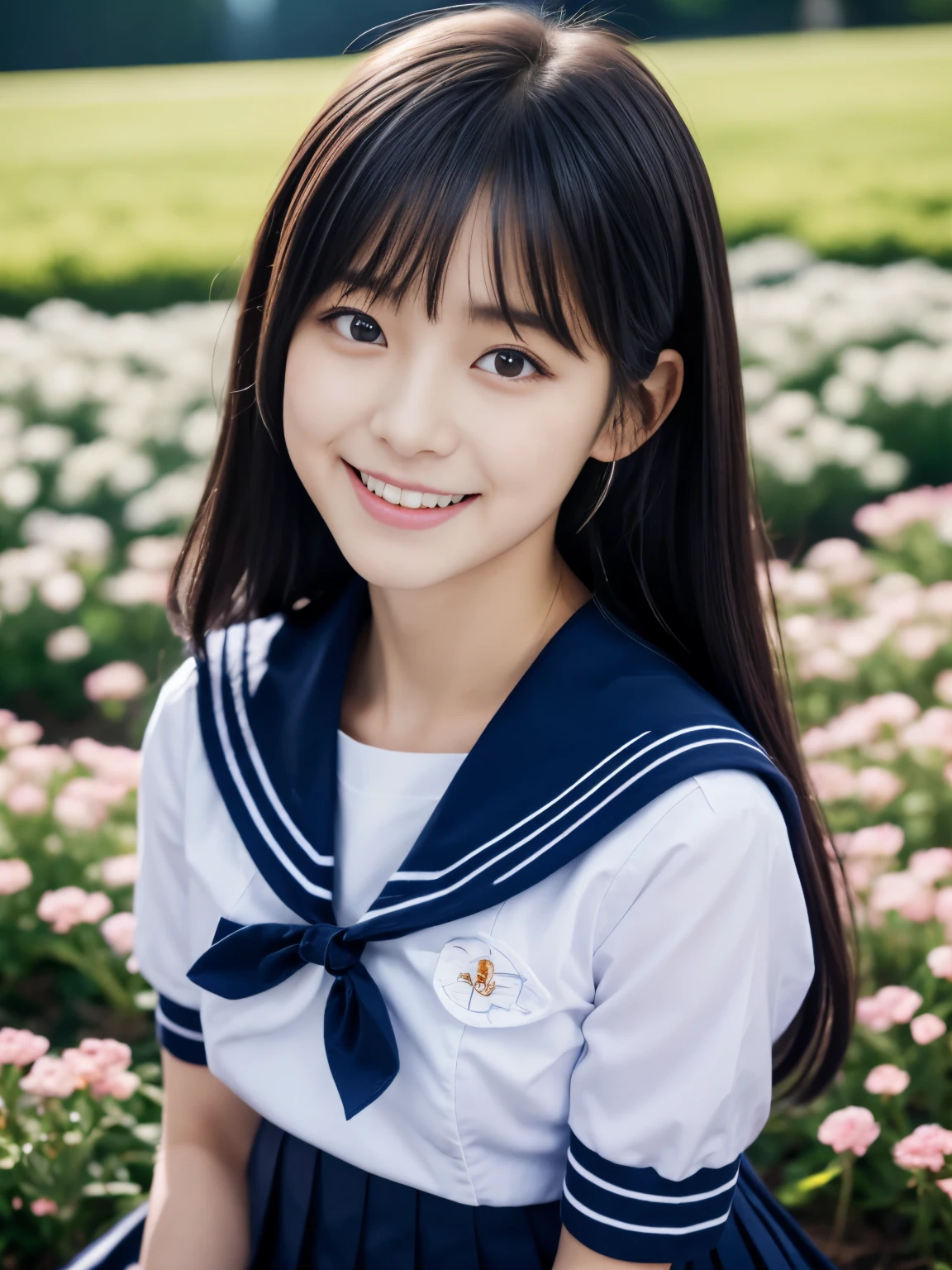 Close-up of woman&#39;s face、portrait photography, japanese model, 18 year old female model,  4K、bangs、black haired、beaver、middle hair、straight hair、(white shirt, sailor suit, dark blue pleated skirt:1.2),　(Super cute face with idol style:1.4)、perfect beautiful face、attractive look、laughter、The background is a beautiful pink peach flower field,