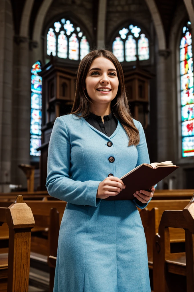 mónica with peaceful face, happy, dressed in church clothing, in the pulpit, preaching in a protestant church. high contrast, professional lighting, uhd