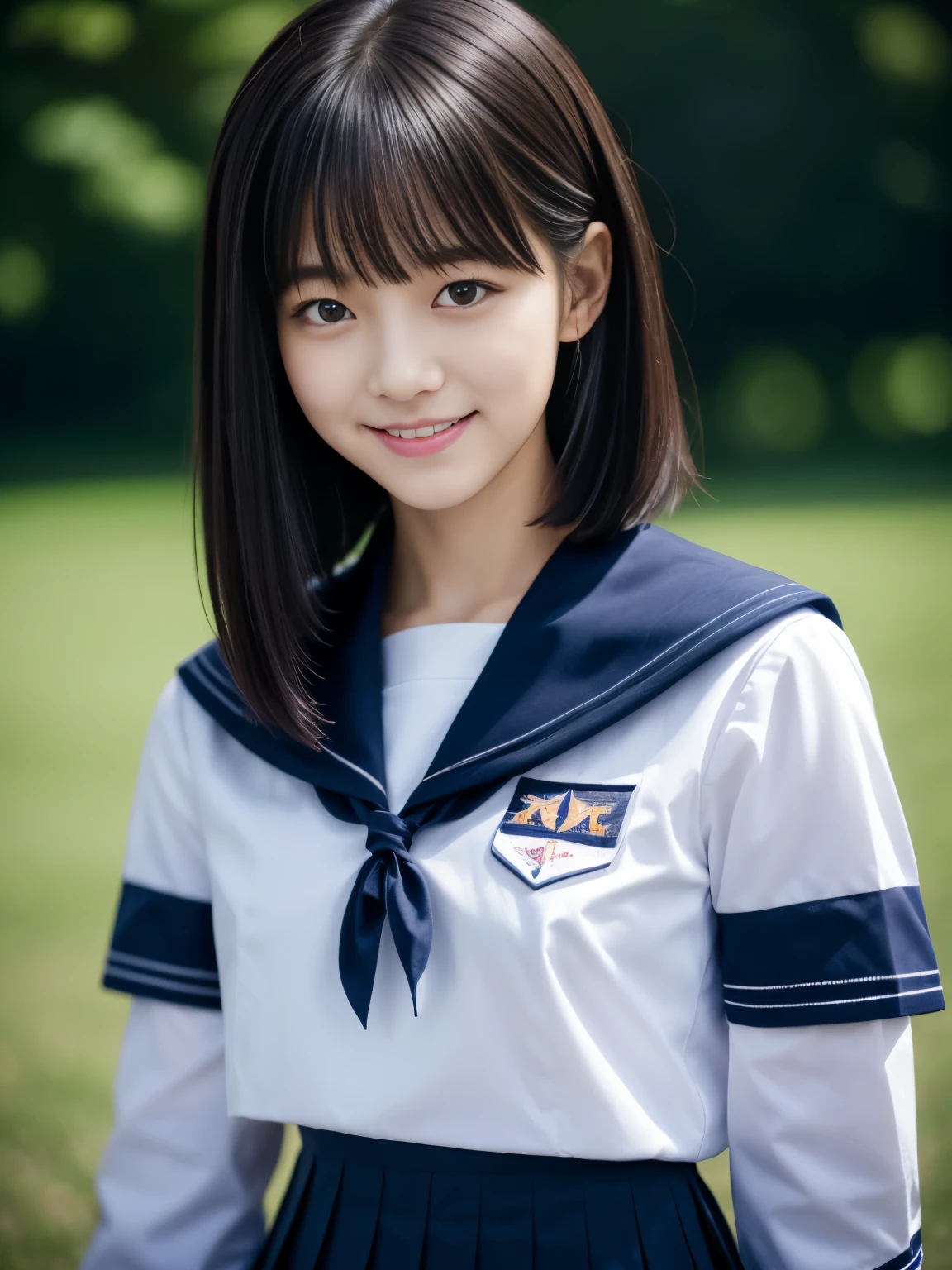 Close-up of woman&#39;s face、portrait photography, japanese model, 18 year old female model,  4K、bangs、black hair、Long bob hair、Middle hair、straight hair、(white shirt, sailor suit, dark blue pleated skirt:1.2),　(Super cute face with idol style:1.4)、perfect beautiful face、attractive look、laughter、The background is a beautiful pink peach flower field,