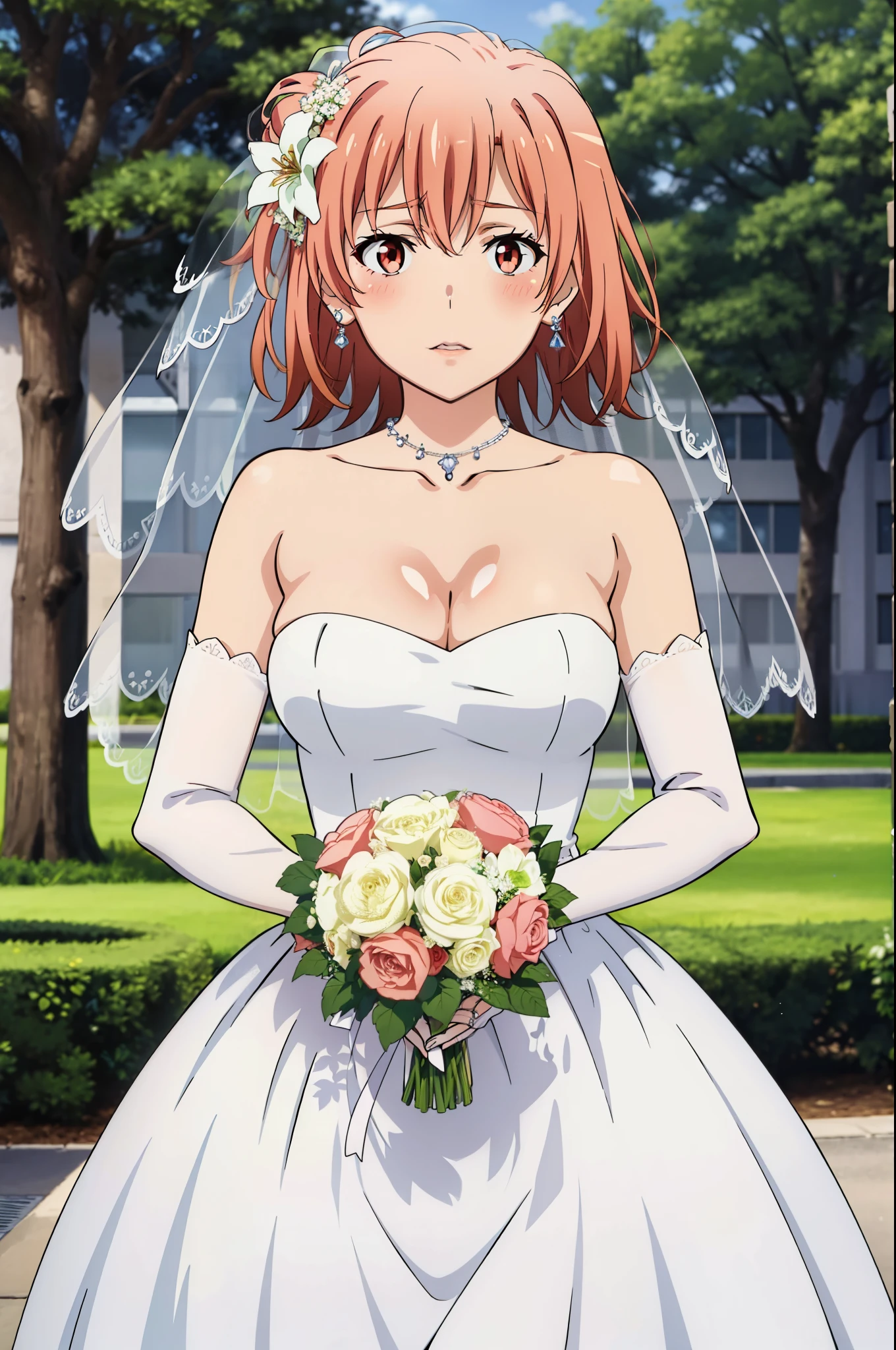 best quality, masterpiece, high resolution, 1 girl, Yuigahama Yui, red lips, short hair, Close-up of beautiful bride wearing beautiful wedding dress,Gurwitz,(bridal veil:1.5),(Transparent short veil:1.5),Blushing face,Head flower,headgear,(tube top wedding dress:1.5),(Silk dress:1.2),(Strapless wedding dress:1.5),pure white dress,necklace,earrings,(large breasts:1.3),Deep V peach heart collar wedding dresangs,lipstick,(lace gloves:1.3),whole body照,High detail RAW color art,Long white dress,whole body,Place your hands behind your back,