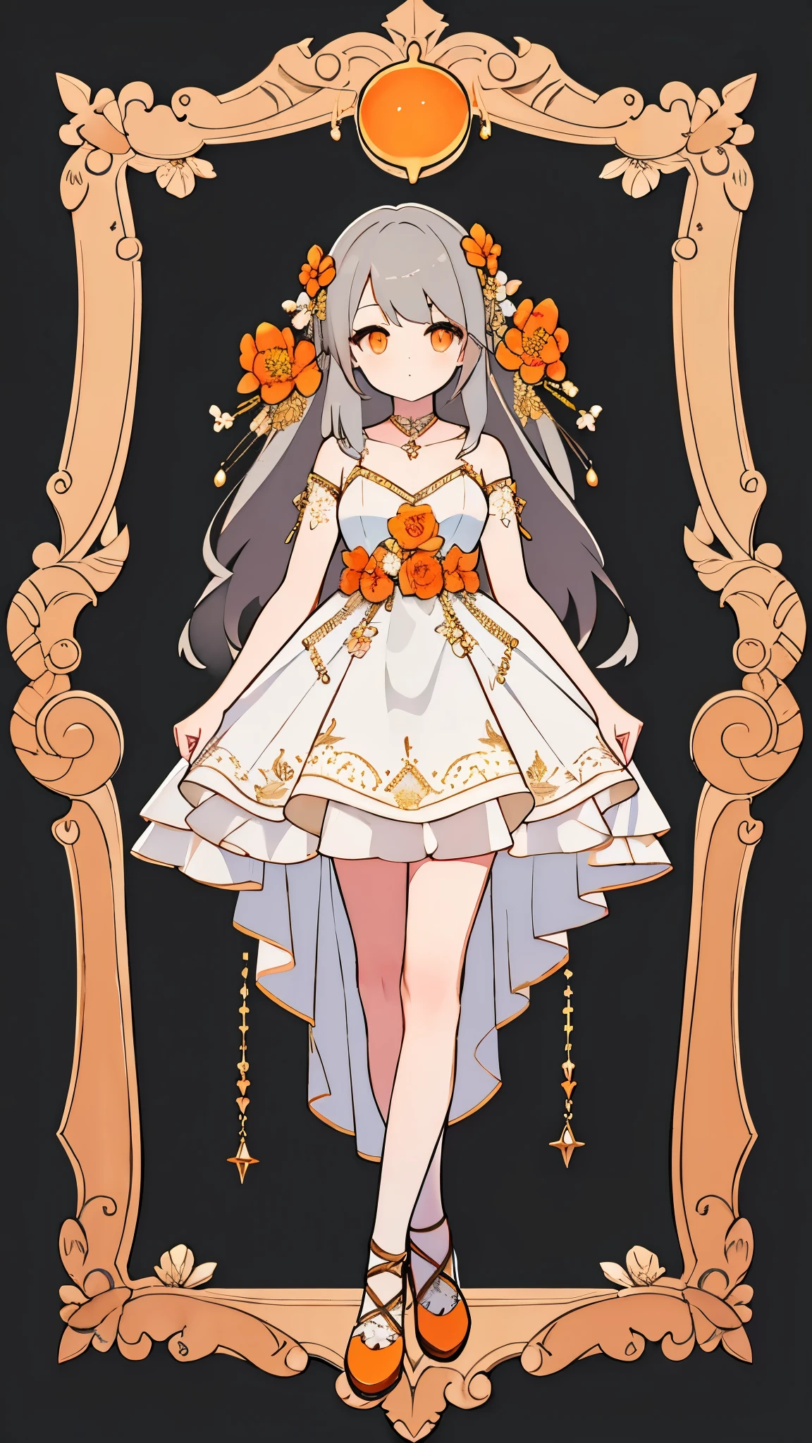 ultra precision,masterpiece, highest quality,(((full body portrait))),one girl,beautiful girl, girl,(look at me),pretty face,(((Light gray hair))),long hair,(Orange eyes),detailed slanted eyes,cool look,She is wearing an orange, white, and black wedding dress.,orange flower embroidery and gold embroidery,race,Slender body shape,small breasts,Black simple background,
