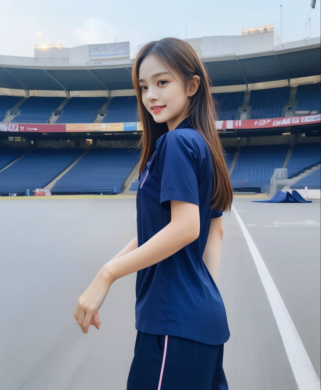 (best quality,10,10,height,Masterpiece:1.2),Very detailed,(realistic,ภาพrealistic,Realistic photos:1.37),1 cute girl on the football field,Shiny, shiny skin,only,smile softly,BDclothelue shirt:1.3)),short sleeve,shirt, กางเกงขาlong.,(navy_long_ติดตามกางเกงขาlong:1.1), ((stadium background:1.3)),Dynamic angle,excited,Face focus,dynamic poses,from behind,Focus on the ass.,Masterpiece, best quality, ultra realistic, hyper detail, 8k resolution, raw photos, Sharp focus, ((Navy blue shirt:1.1)), short sleeve, เส้นทางlong, perfect bodyแบบ, 2 mature women, 18 years old, Cinema-grade lighting,กางเกงขาlongวอร์มสีน้ําเงิน,gym wear,correct anatomy,perfect body, correct body, Sharp face, correct bodyทางกายวิภาค, full body, realistic gestures, long-haired, realistic poses,Wear long shorts.............................................,ช่วงขาlong,fit,sculpted girl, Slender figure, mannequin, fit, beautiful body,กางเกงขาlongวอร์มสีน้ําเงิน, two girls kissing