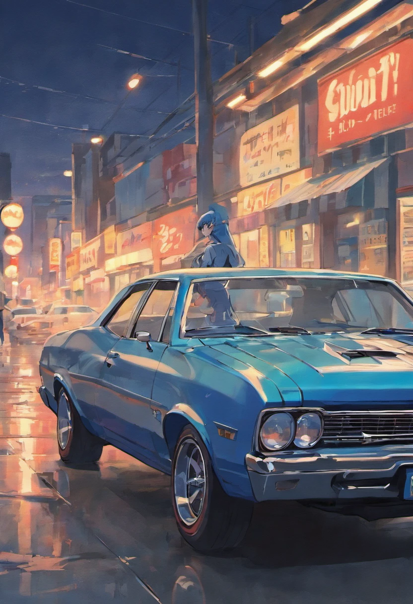 Blue 1971 Chevy Nova car with white lines on the sides, view of the right corner in a drawing with the year number 1971 highlighted next to the car and a legend below muscle car highlighting the car in the photo