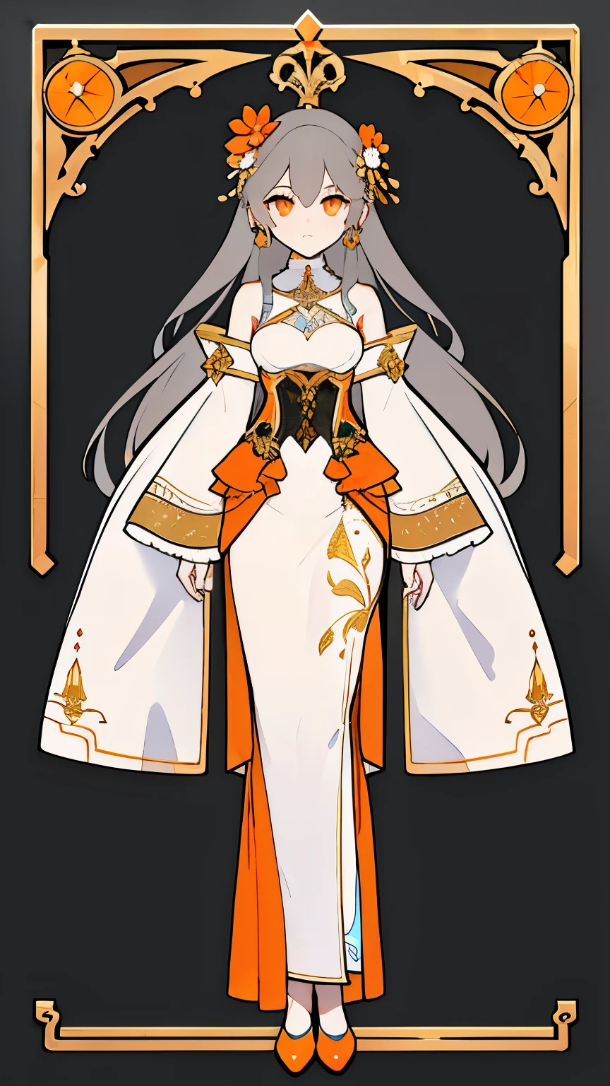 ultra precision,masterpiece, highest quality,(((full body portrait))),one girl,beautiful girl,16 year old girl,(look at me),pretty face,(((Light gray hair))),long hair,(Orange eyes),detailed slanted eyes,cool look,She is wearing an orange, white, and black wedding dress.,orange flower embroidery and gold embroidery,race,Slender body shape,small breasts,Black simple background,
