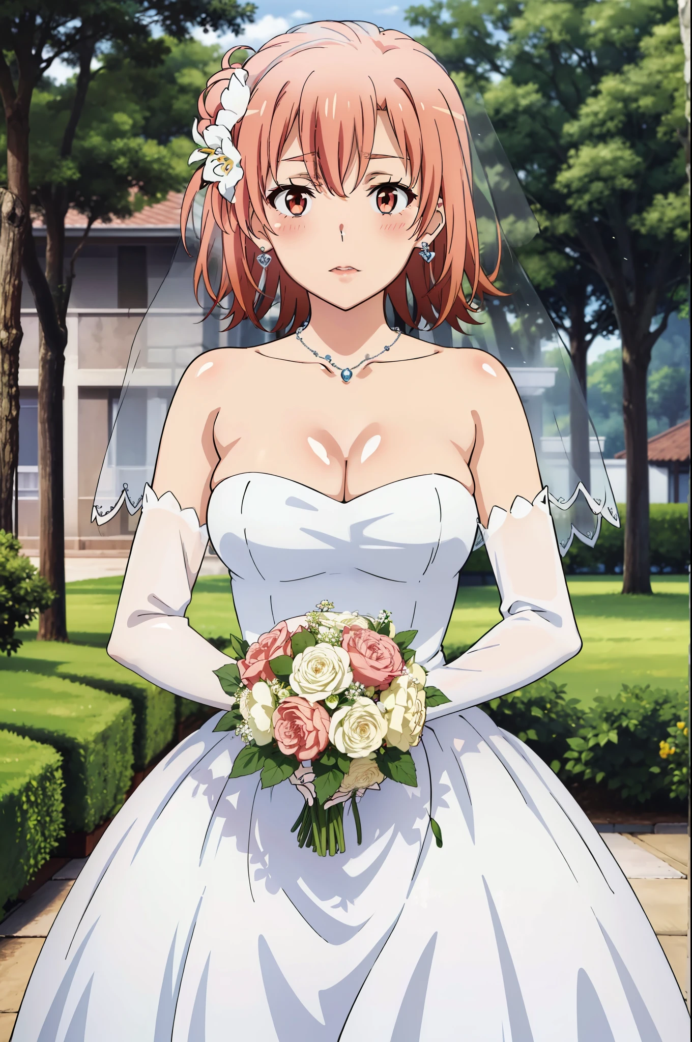 best quality, masterpiece, high resolution, 1 girl, Yuigahama Yui, red lips, short hair, Close-up of beautiful bride wearing beautiful wedding dress,Gurwitz,(bridal veil:1.5），（Transparent short veil：1.5），Blushing face，Head flower，headgear，（tube top wedding dress：1.5），（Silk dress：1.2）,（Strapless wedding dress：1.5）,pure white dress，necklace，earrings，(large breasts:1.3)，Deep V peach heart collar wedding dresangs，lipstick，（lace gloves：1.3）,whole body照,High detail RAW color art,Long white dress，whole body，Place your hands behind your back，