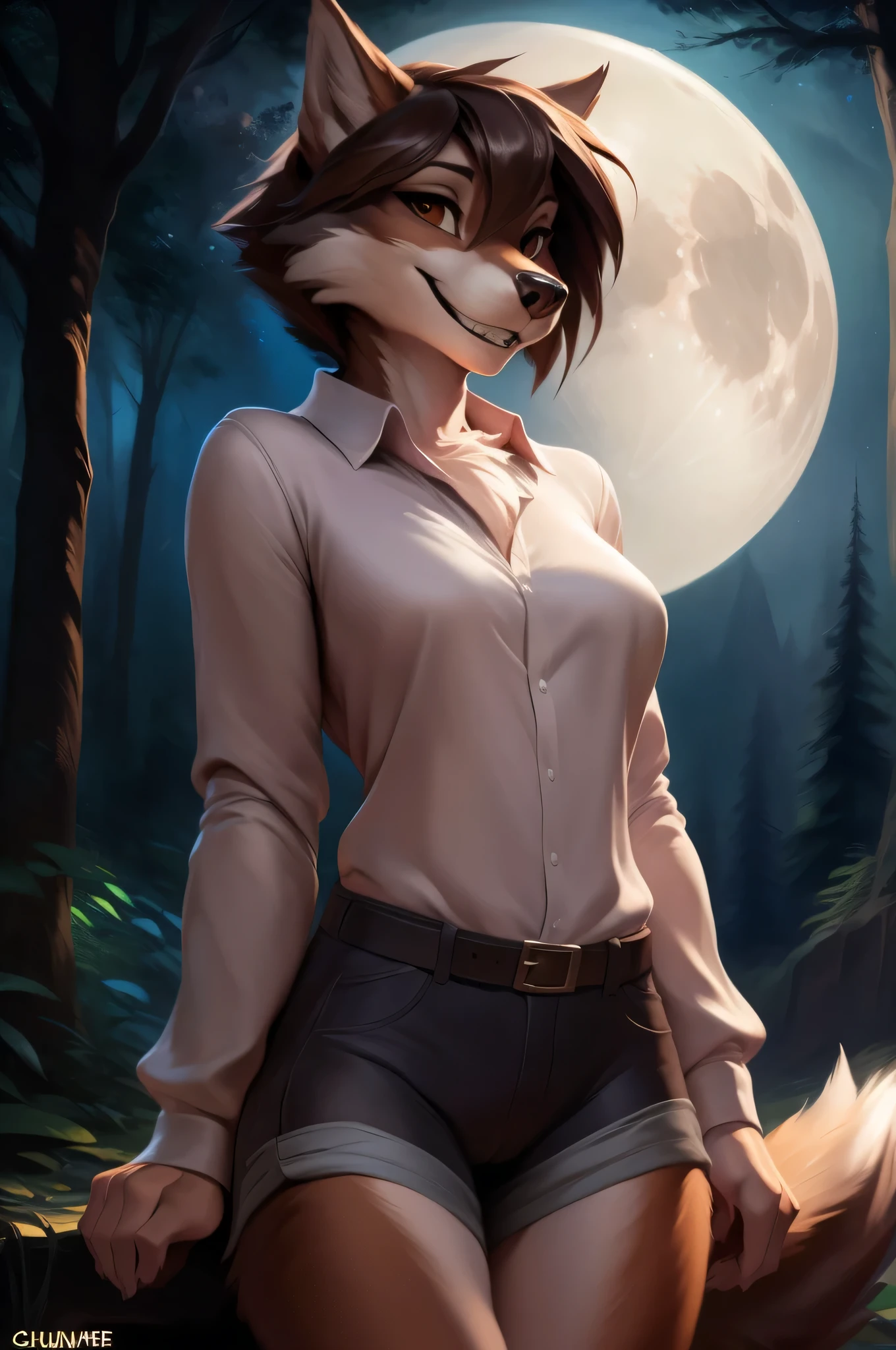 4k, high resolution, best quality, masterpiece, perfect colors, perfect shadows, beautiful and detailed portrait of a (((Feminine Wolf))), perfect lighting, posted on e621, (by Chunie, by Einshelm), furry, anthro, furry art, ((portrait)), Female Wolf, furry body,fluffy, fluffy tail, body fur, muzzle, slim chest, grey fur,fluffy neck, fluffy chest, Lots of fluff, Beautiful brown eyes, average body, perfect average body, no muscles, detailed fur, detailed face, ((Bonifasko lighting)), (detailed eyes), perfect pupils, Tall, short brown hair, messy short hair, ((Wearing a long sleeve shirt)), wearing shorts, wearing clothes, happy grin, teeth showing, smiling, dark forest background, moon in the background.