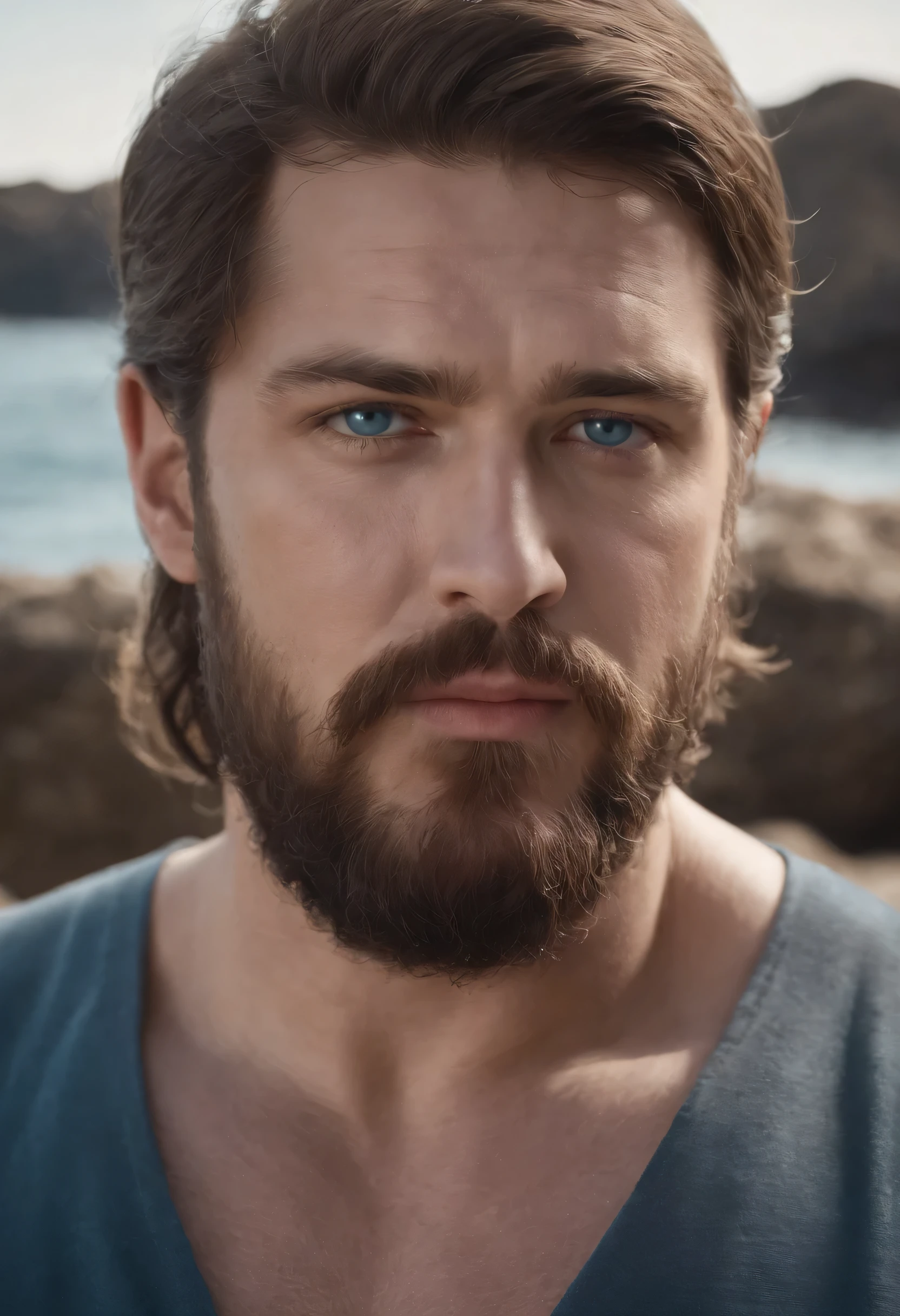 Poseidon, shoulder length brown hair, beard, ocean blue eyes, chiton, obese. Realistic hyper-detailed portraits, masculine, western style portraits, digital art techniques