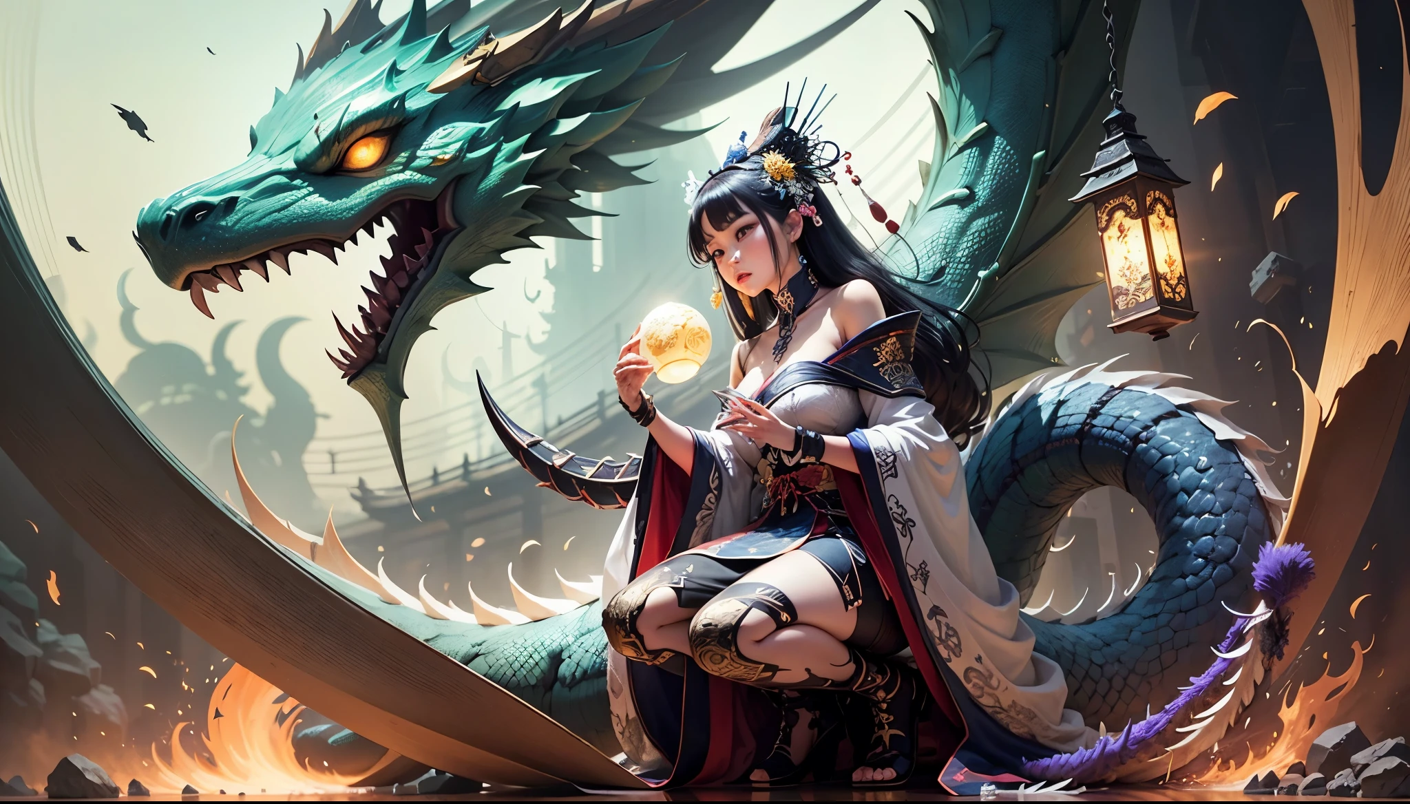 Chinese Kirin Illustration, Ancient China, Azuma Kiyohiko, Wu Guanzhong, original-painting-design, game-cg, natural environment, Calm, Emperor, Sacred Light, people kneeling, white, dragon horn, whole body, wings, complex content, Sacred, super wide Angle, extreme panorama, extremely low perspective，16K  --auto --s2