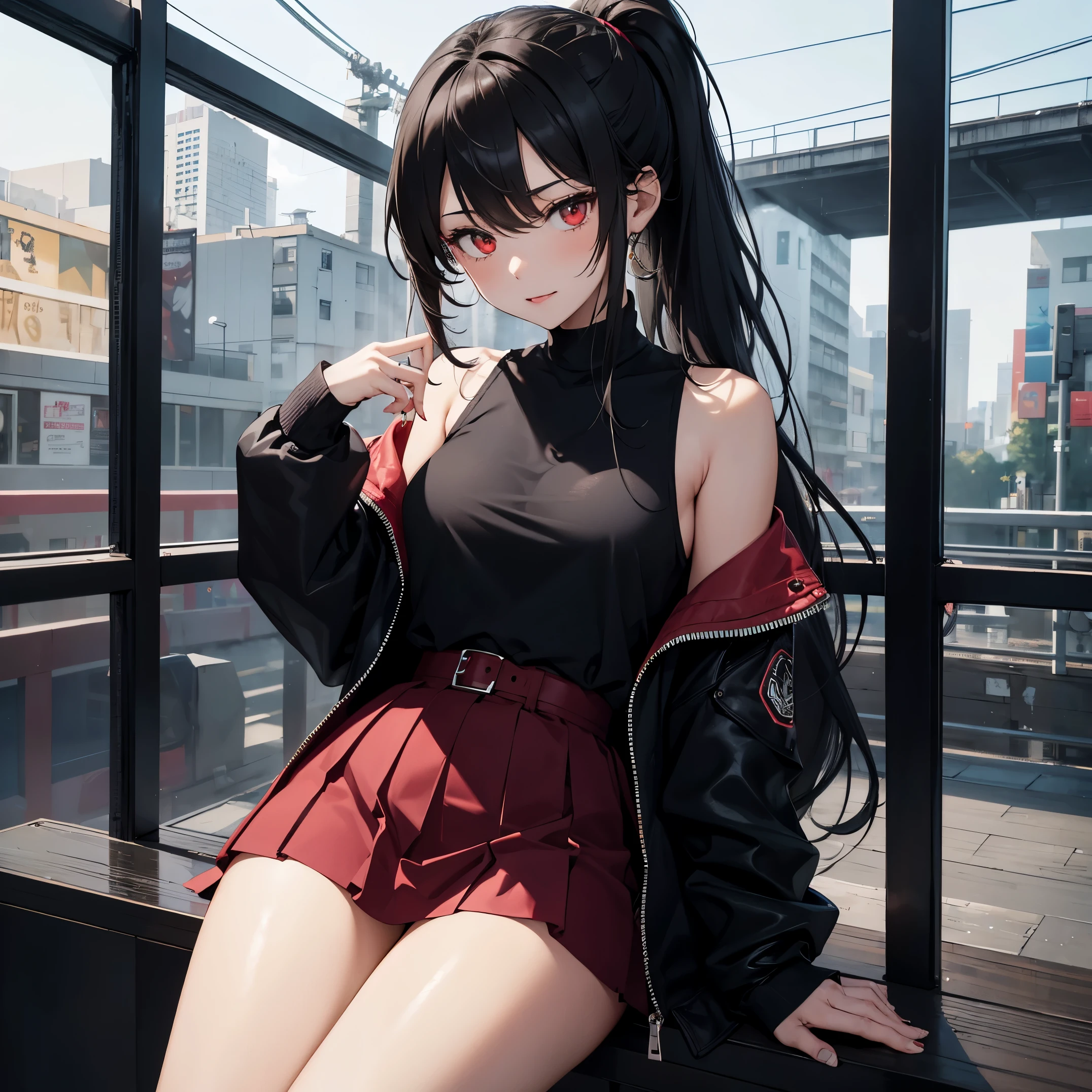 1girl, my black and green long hair binded by a ponytail (two colours), my red eyes emotionless as ever, my red wet lips atop with, a white shirt, which is see through as my nipples can be looked poking, on it is a black jacket, hanging onto shoulder, my small *green* skirt to comfort me, with black high thighs, wearing a *oversized yellow shoe*, **biting lips**