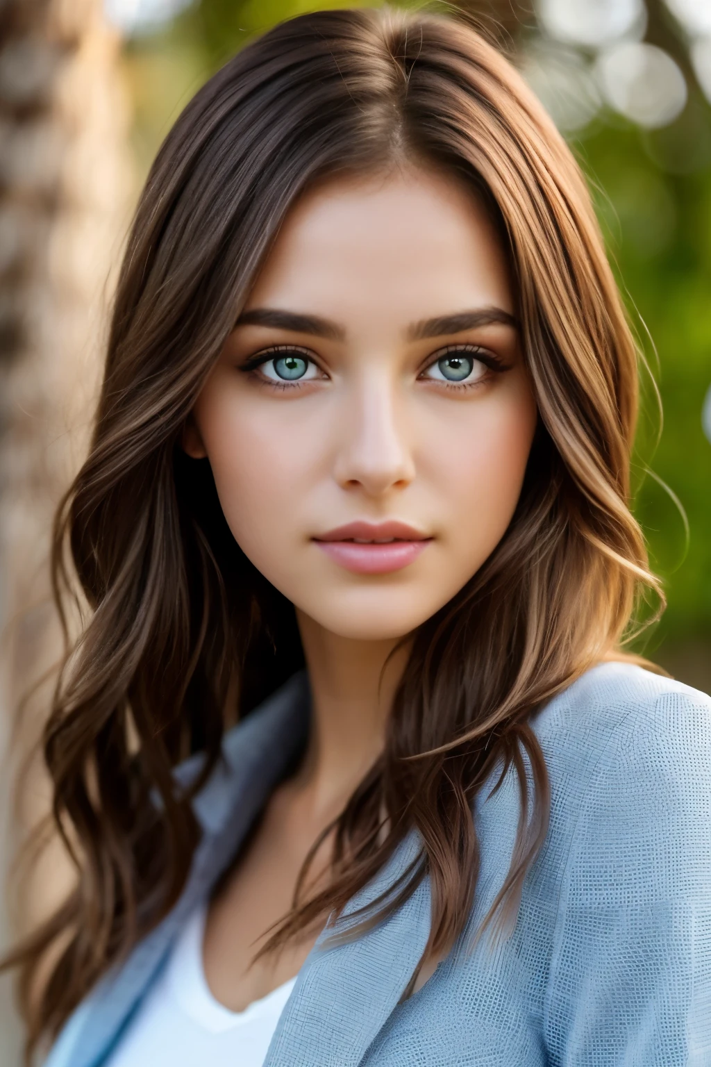 bule, full body Esbian, bustup, photo of a Young girl, model shoot tyle, brown haired, shorth hair, (Look at viewers:1.5), (Detailed pupils), (natural soft light), (魅惑的), bokeh dof, 美丽的面容, super-detaild skin, Perfect glowing eyes, skin pore, Soft hair, Stitching of the fabric, Fabric texture, Wood grain