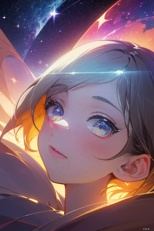 Masterpiece, Superb Girl, Cute Girl, Bust, High Detail Eyes, Perfect Eyes, Portrait, High Detail Face, Same Eyes, Glare, Rainbow Color, Global Illumination, Soft Light, Dream Light, Digital Painting, 8K Close-up, Fantasy, Night Sky, Stars, Nebula, White Crystal, Moonlight, Serenity, Summer, (8K:1.1)
