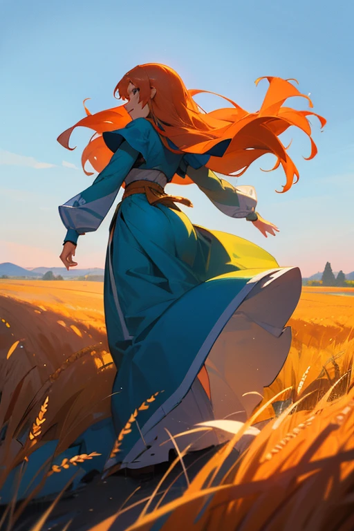 1 girl, solo, long orange hair, running, (high wheat field), turning around, emerald eyes, long blue dress, middle ages, medieval outfit, long sleeves sunset, light from behind, shadow on the figure, smile, laughter, (blue sky), against the background of wheat, standing in the distance, looking at the viewer, full-length