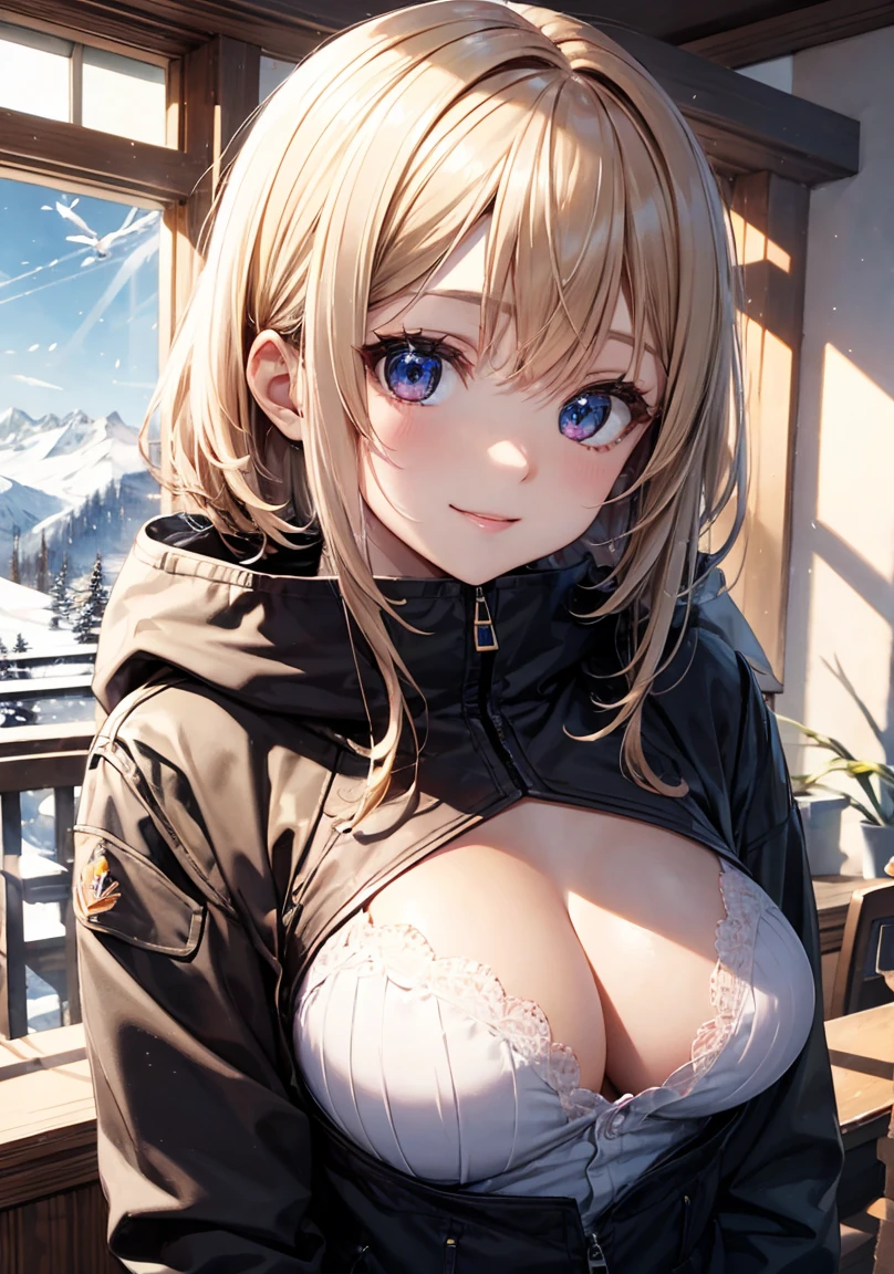 masterpiece, absurdres, best quality, ultra detailed, high Resolution, detailed illustration, extremely beautiful detailed face and eyes, bright colour, 1girl, (), cute face, Delicate beautiful face, magenta eyes, cute eyes, sparkling eyes, big eyes, medium breasts, (perky breasts:1.1), (pointy breasts:1.1), medium hips, glamorous body, white skin, Smile, BREAK, long bob cut, (blonde hair:0.8), messy hair, detailed hair, shiny hair, BREAK ski clothes, tiny ribbon, Ski resort, winter, playing with skis, real world, natural lights, perfect lighting,