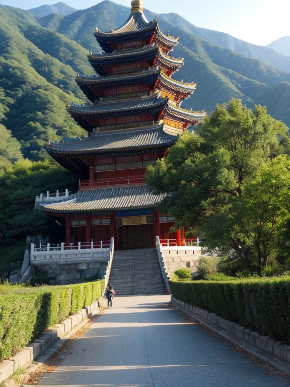 wonderful valley，and its steep climbing steps，There are magnificent Chinese-style buildings on the top of the mountain，A scenic and famous area like Mount Tai