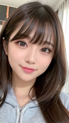 Raw photo、(((ultimate beauty portrait)))、1 girl、Japanese beautiful girl、big smile、((brown hair))、((Big eyes that shine like jewels))、my room、Glossy and glossy skin、(medium long hair)、(Sitting in a gaming chair)、eyeliner、beautiful bangs、hair between eyes、((masterpiece、最high quality、super detailed、intricate details、High resolution、very detailed))、detailed background、8KUHD、high quality、electric lighting light、(Photographed from the front in a natural posture:1.5)、hanging eye makeup、(((small tits)))、(((Bust A cup)))、(((Clothes)))、a live streamer、live streaming now、She produces her own webcast now、Screen displayed on mobile phone、(Time 23:00)、relaxed hoodie、navy blue hoodie
